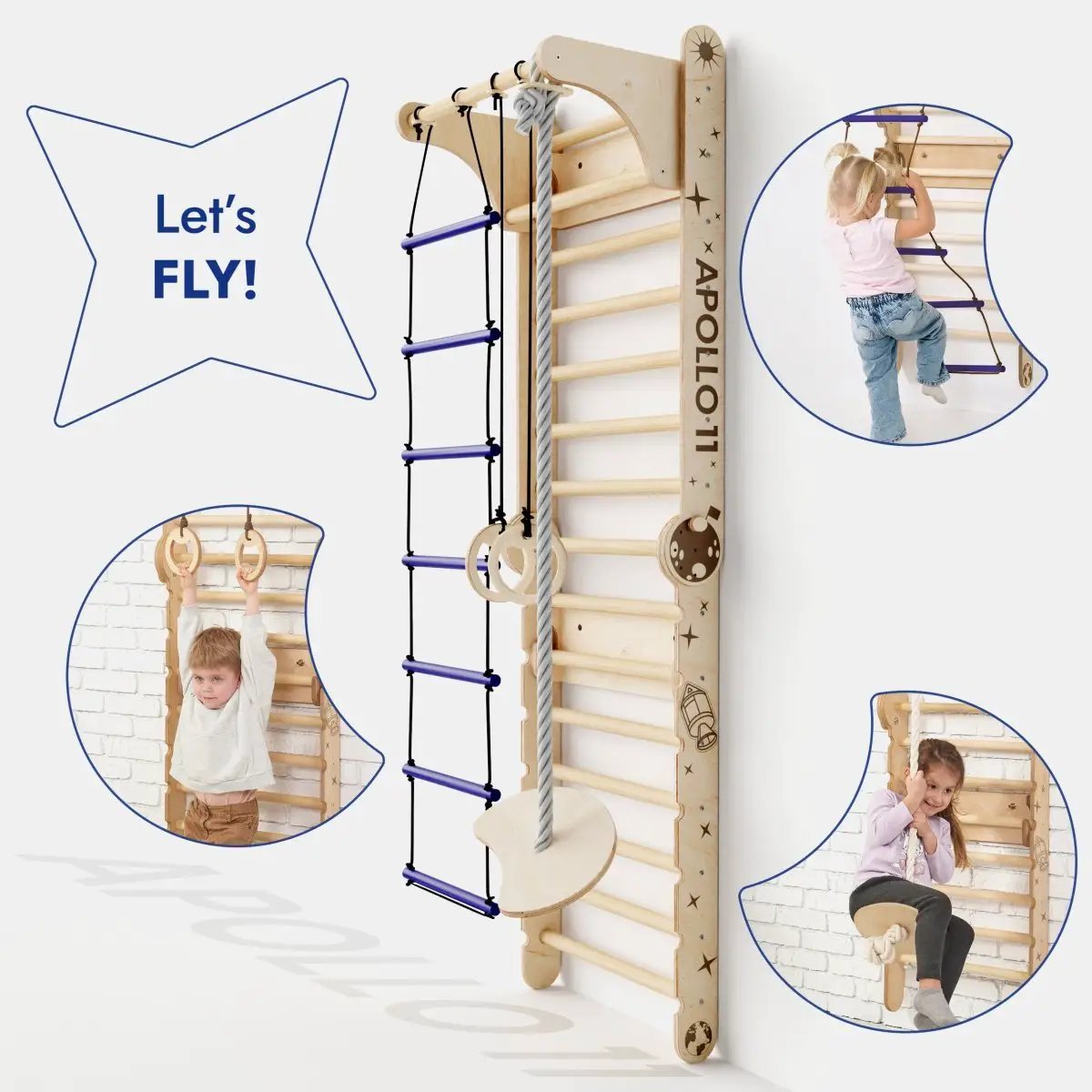 Goodevas Apollo Swedish Wall climbing ladder with moon swing set and slide board, wooden playset for kids