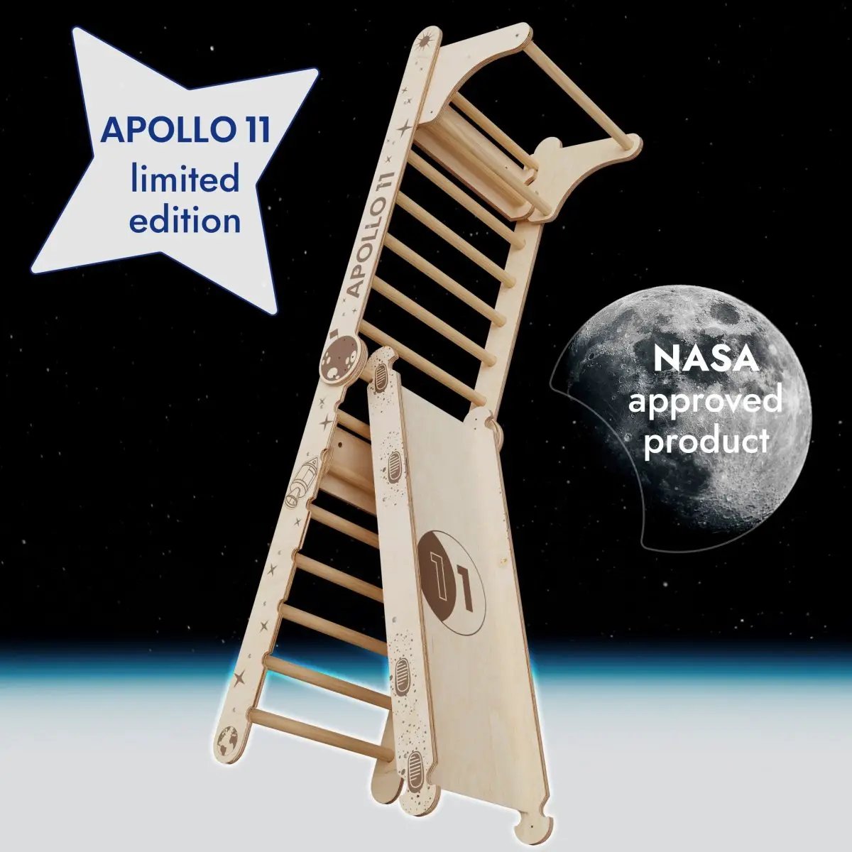 Apollo Swedish Wall climbing ladder by Goodevas, natural wood with space motif and NASA approved label.