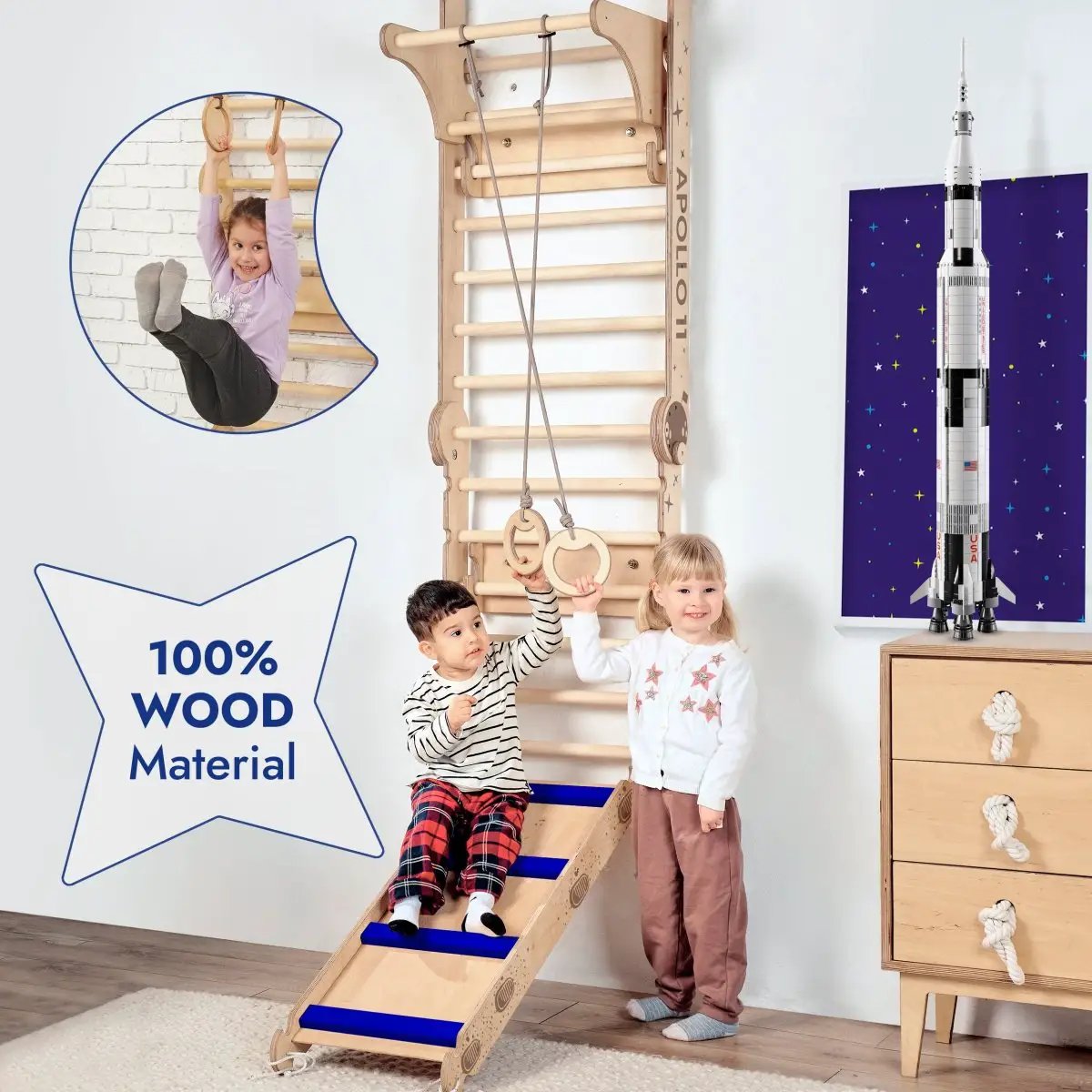 Goodevas Apollo Swedish Wall climbing ladder playset, 100% wood indoor swing and slide
