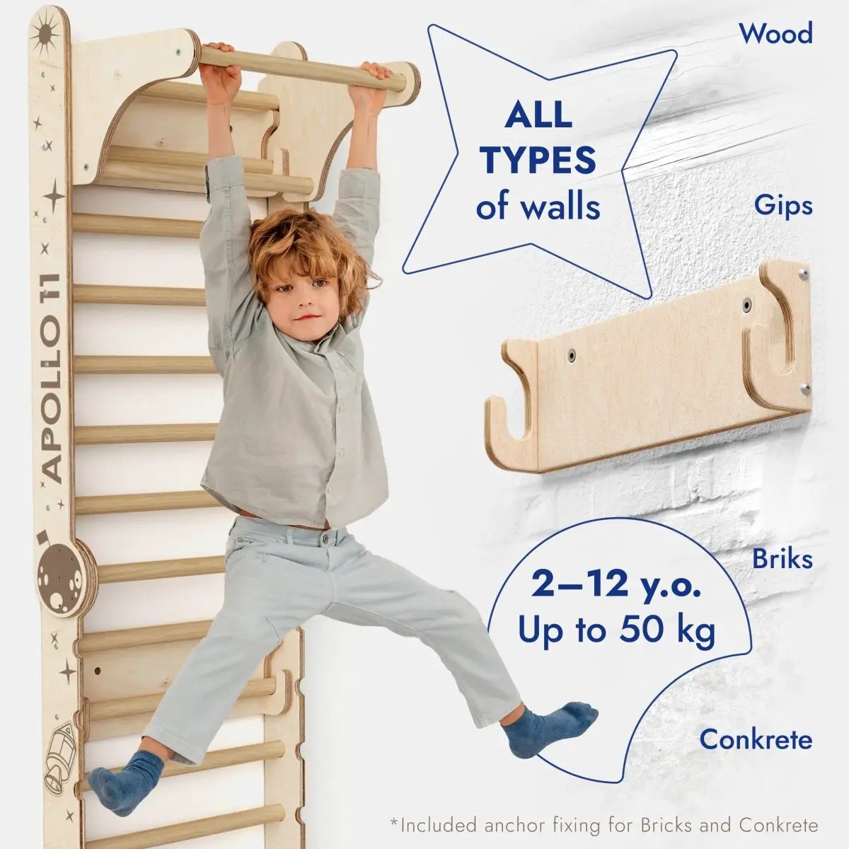 Goodevas Apollo Swedish Wall climbing ladder; natural wooden wall bars with a child climbing
