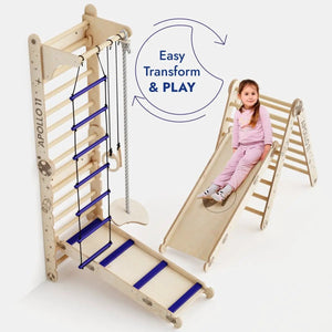 Goodevas Apollo wooden Swedish wall climbing set with rope ladder and slide
