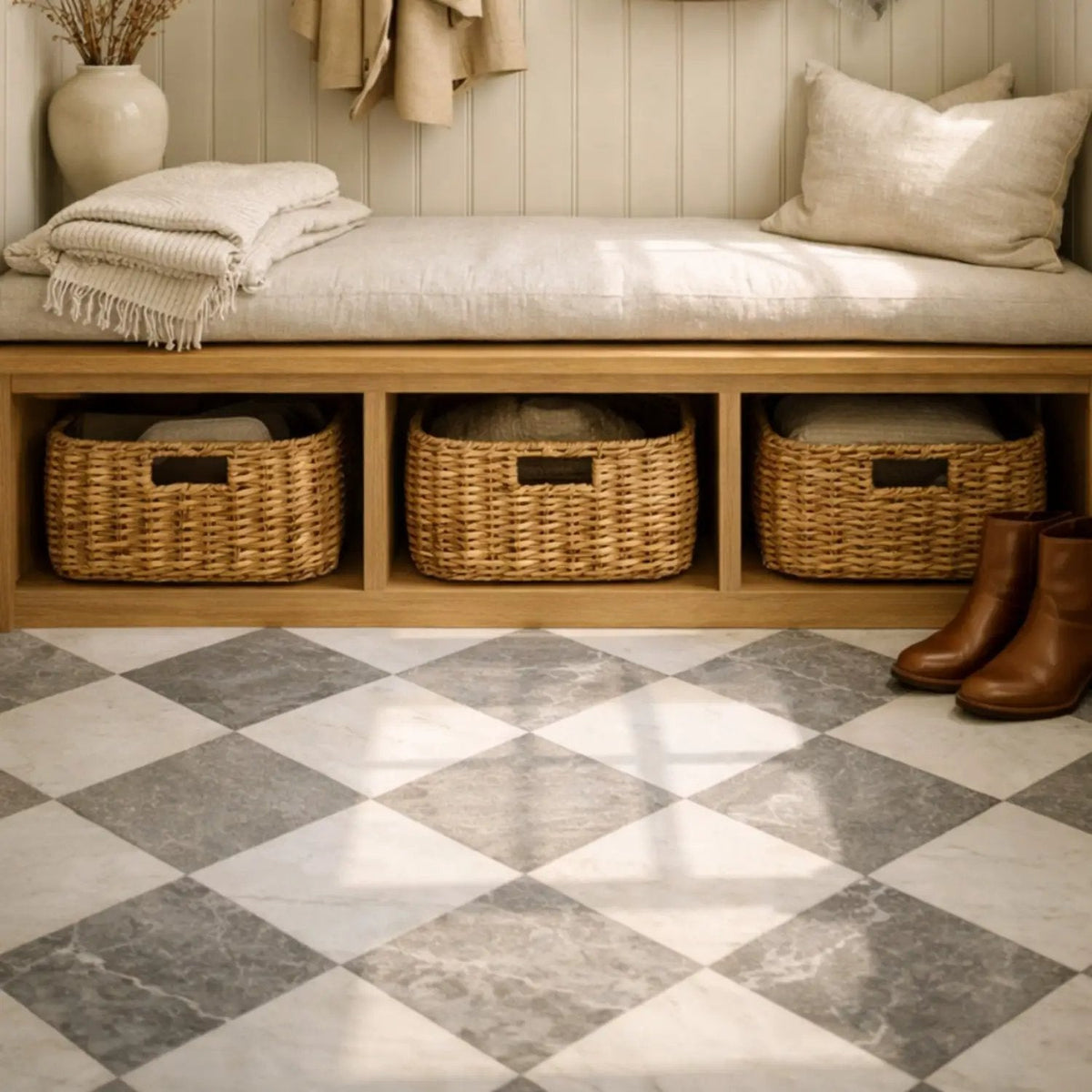 Athens Grey Light, Thassos Extra Honed Checkerboard Pattern Marble Tiles 12x12