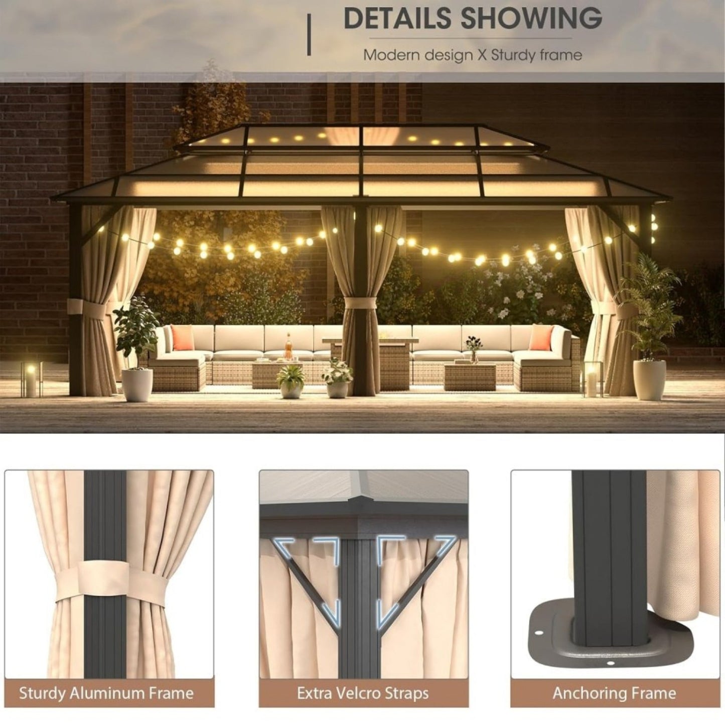 [12x20FT] Premium Aluminum Outdoor Polycarbonate Hardtop Gazebo With UV Protection, Netting & Curtains (96815273)