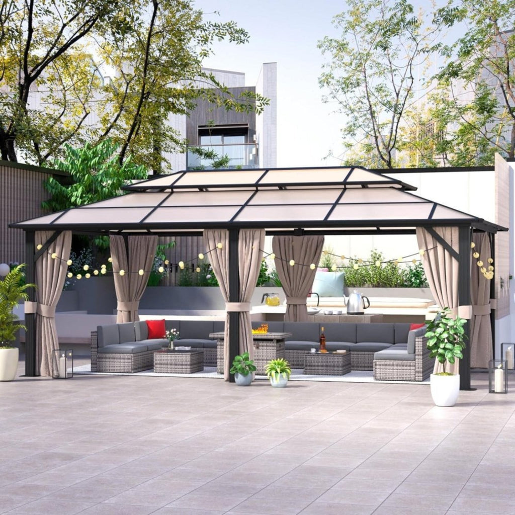 [12x20FT] Premium Aluminum Outdoor Polycarbonate Hardtop Gazebo With UV Protection, Netting & Curtains (96815273)
