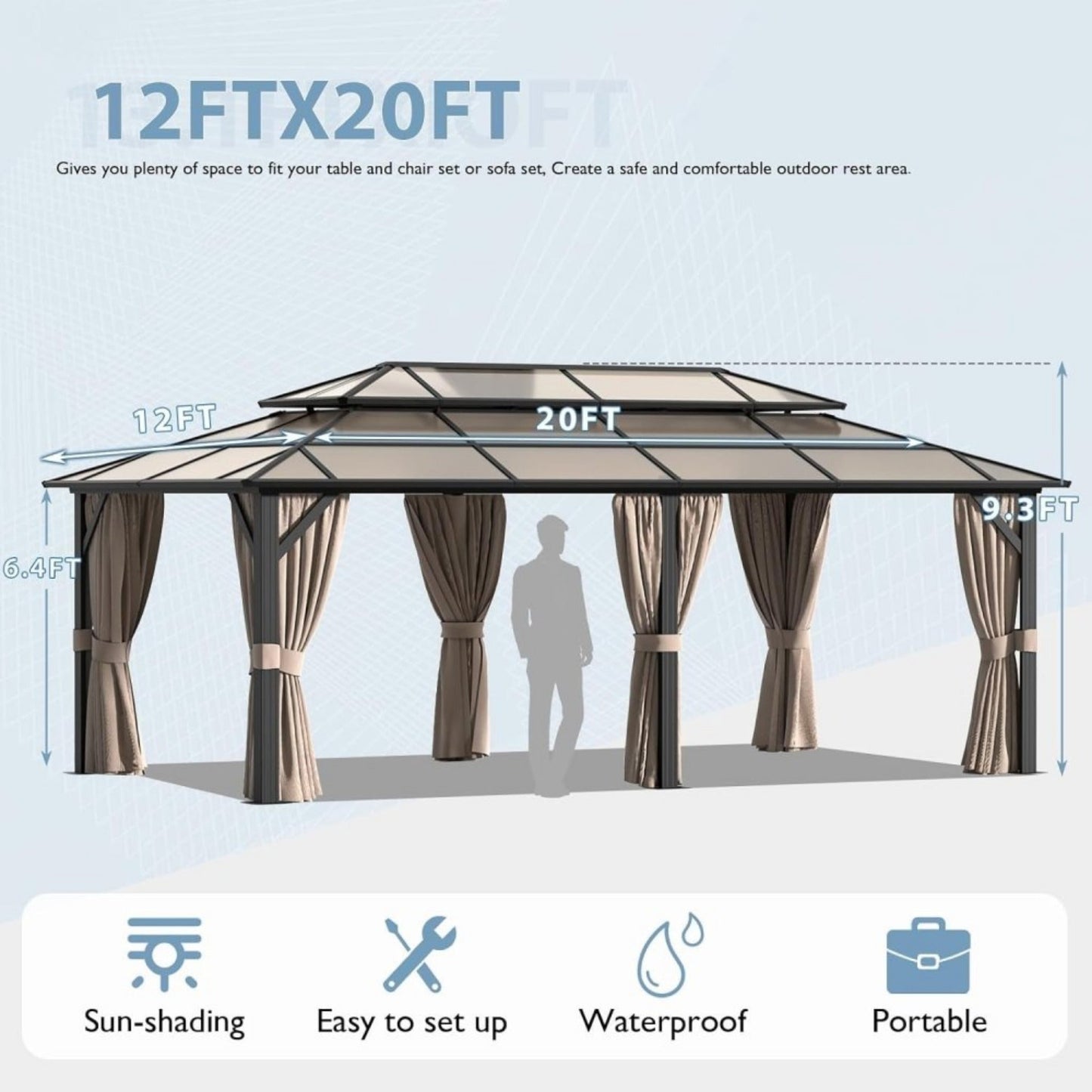 [12x20FT] Premium Aluminum Outdoor Polycarbonate Hardtop Gazebo With UV Protection, Netting & Curtains (96815273)
