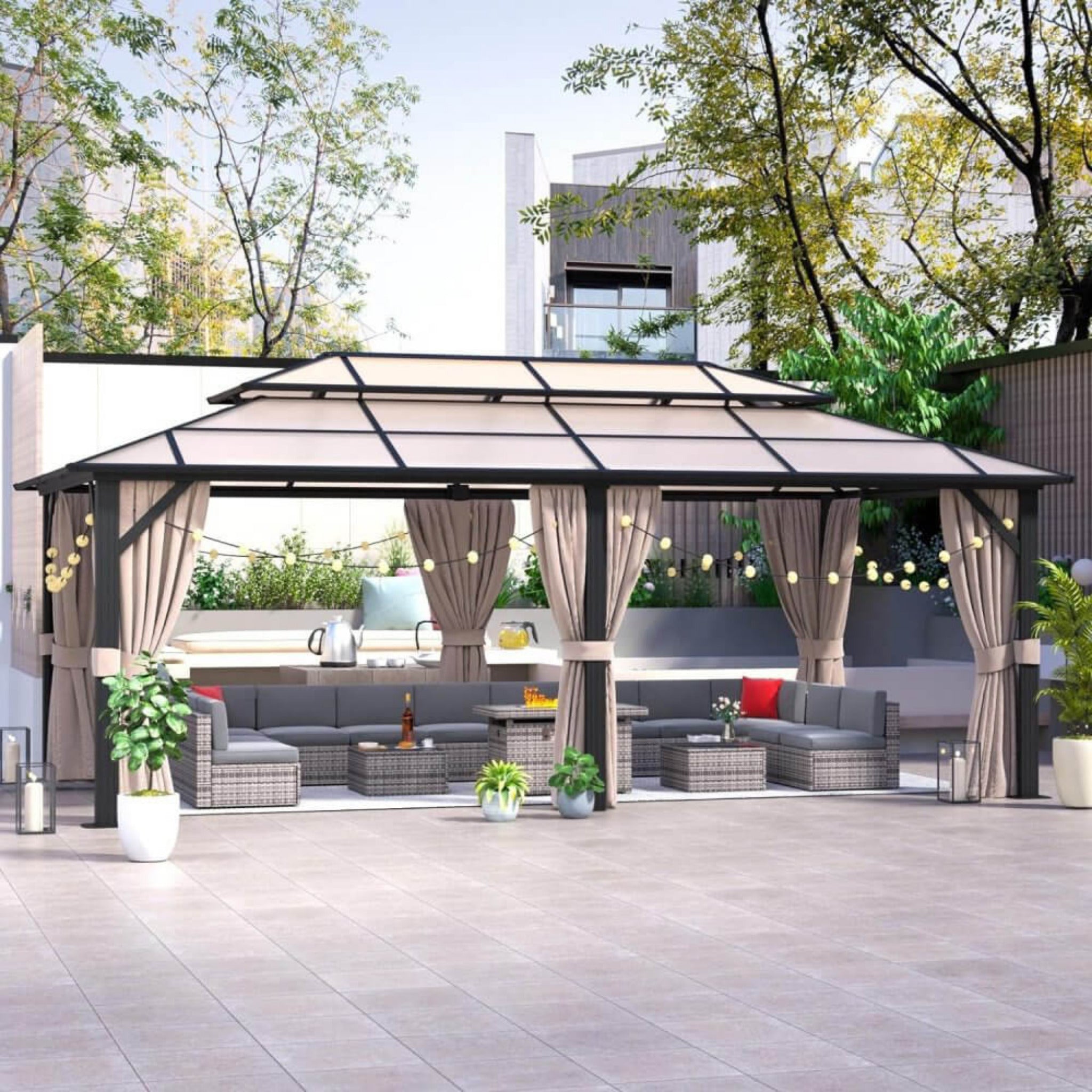 [12x20FT] Premium Aluminum Outdoor Polycarbonate Hardtop Gazebo With UV Protection, Netting & Curtains (96815273)