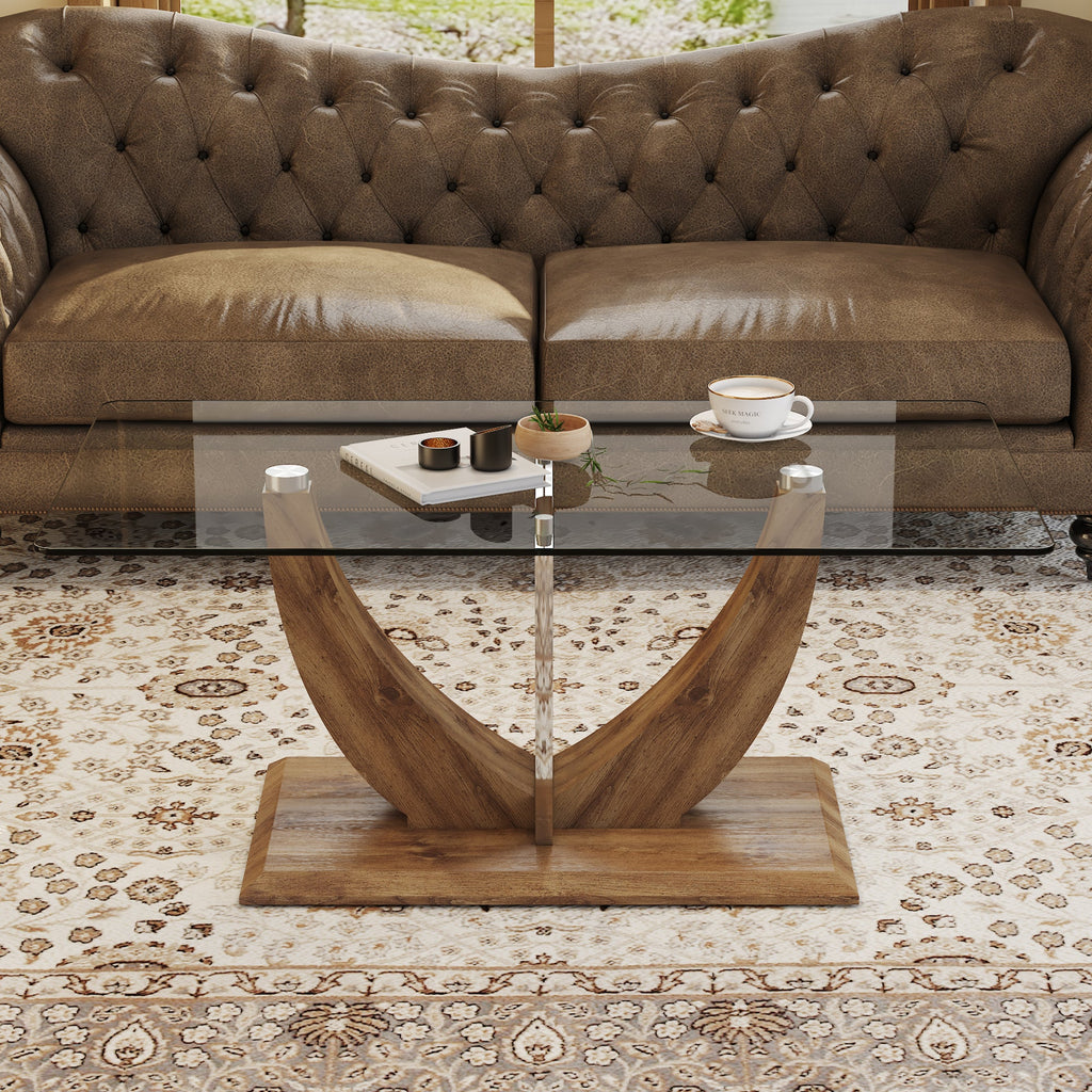 Modern minimalist transparent tempered glass coffee table with wooden MDF legs and stainless steel decorative columns. Computer desk. Game table. CT-907