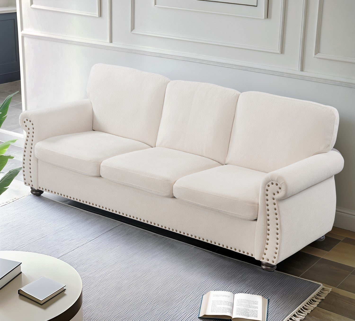 Soft Velvet Sofa, Upholstered 3 Seater Couch with High-Density Foam, Loose Back Cushions and Solid Wood Turned Legs, Chic Living Room Furniture for Home, Apartment and Office, Ivory