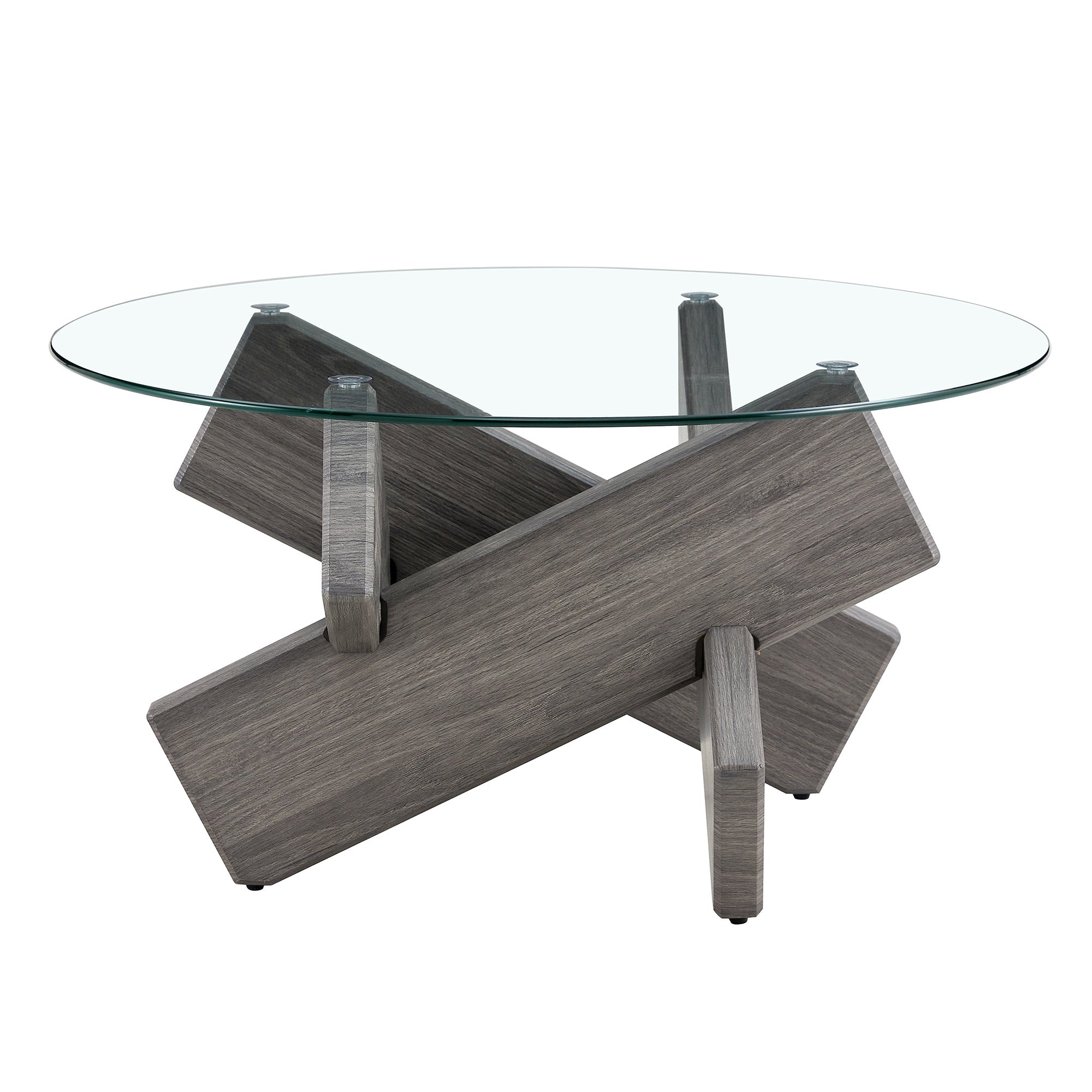 Round glass coffee table, 33.4" modern design unique coffee table. Tempered glass top with grey patterned MDF legs. Suitable for living and dining rooms