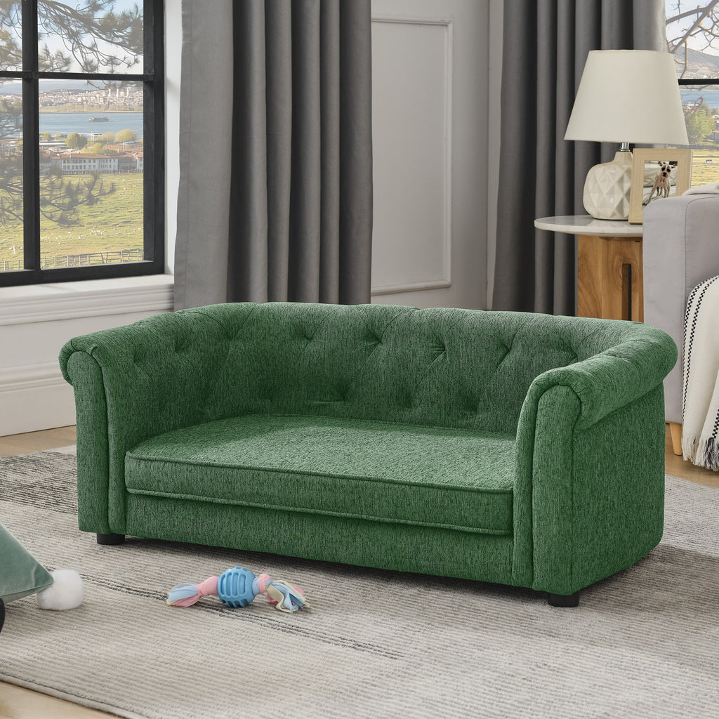 Pet sofa with arc-shaped backrest and armrests, contemporary rectangular pet sofa crafted from breathable linen  cozy soft cushion dog sofa --GREEN