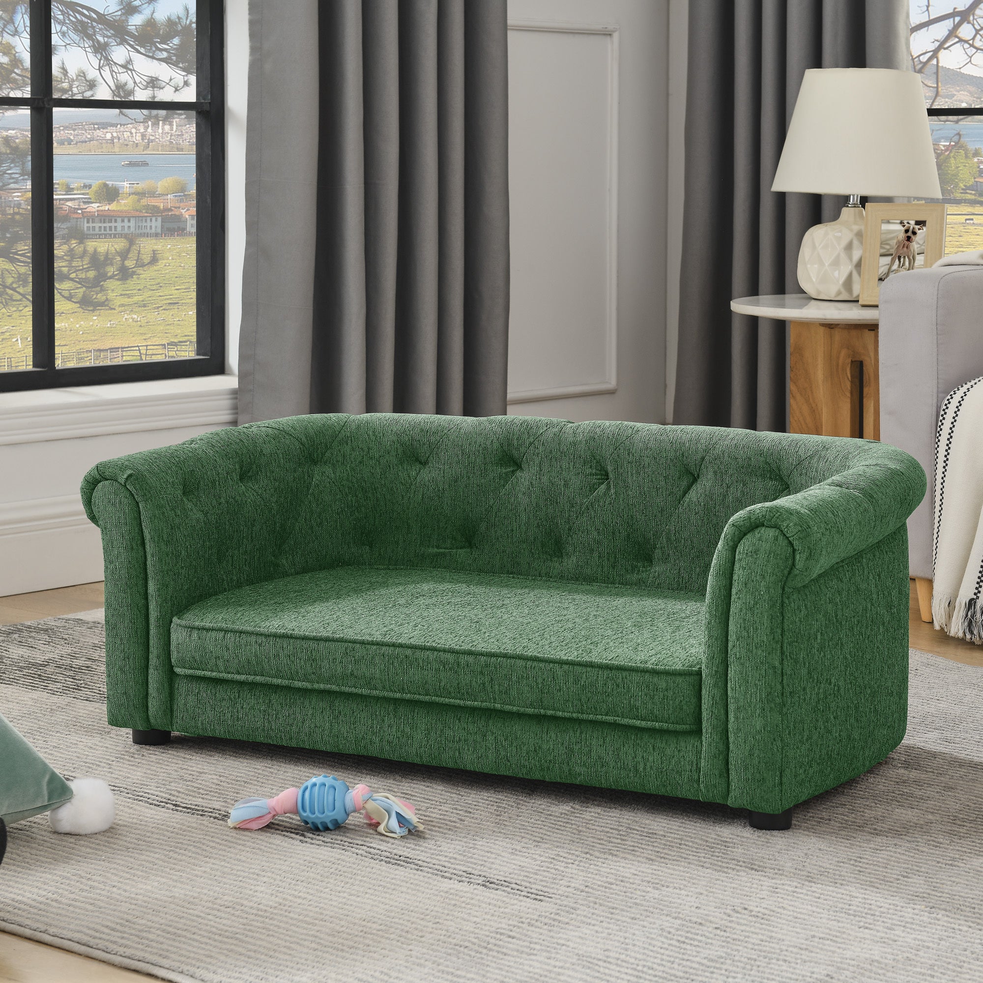 Pet sofa with arc-shaped backrest and armrests, contemporary rectangular pet sofa crafted from breathable linen  cozy soft cushion dog sofa --GREEN