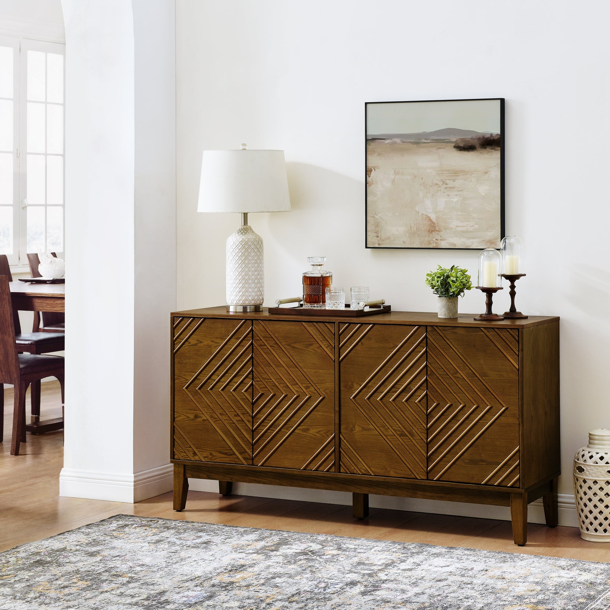 60.5'' Buffet Cabinet with Storage, Farmhouse Fluted Sideboard with Geometric Pattern & Adjustable Shelves, Mid Century Modern TV Stand for Living Room Kitchen Dining Room Entryway, Walnut