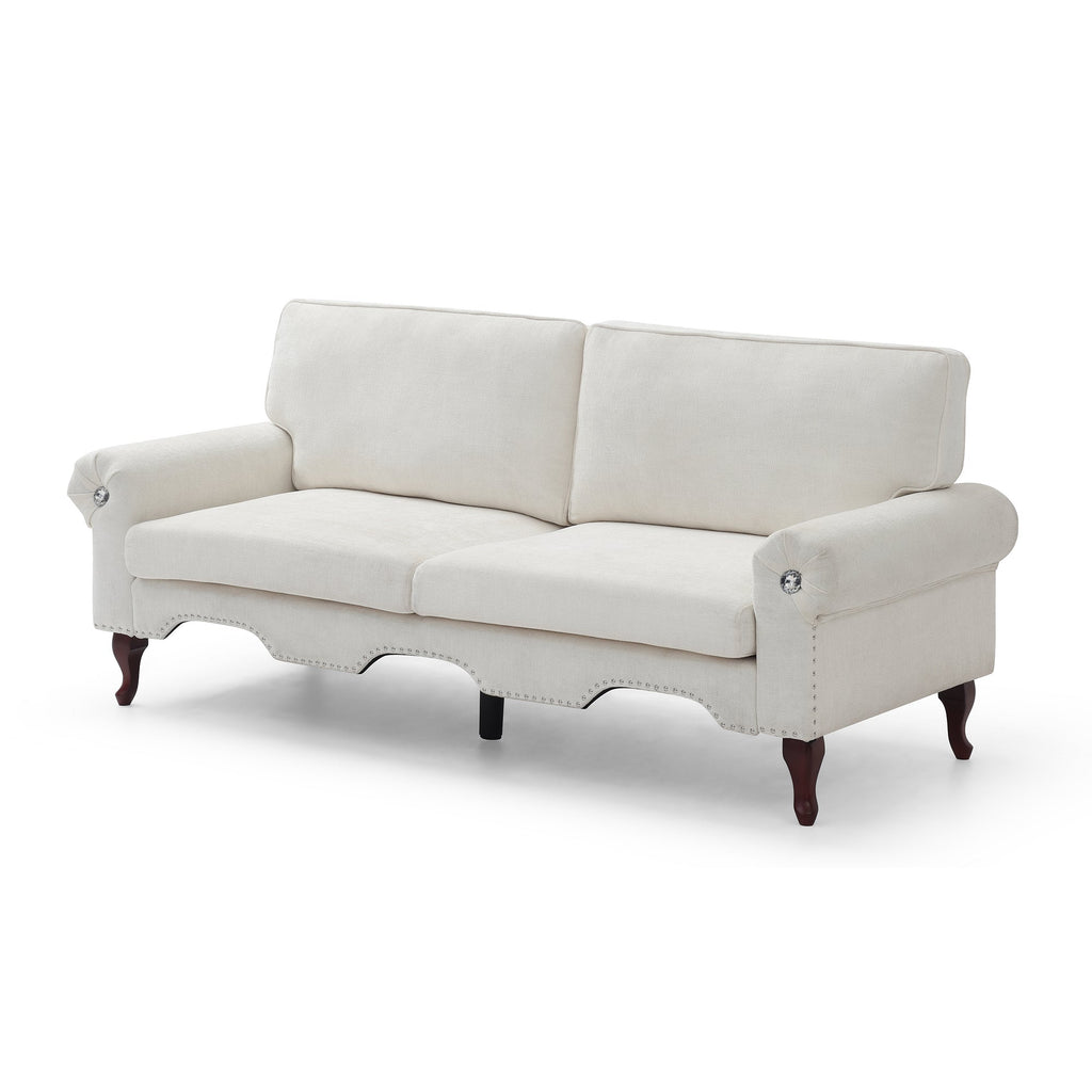 80-Inch Modern Velvet 3 seat Sofa with Wooden Legs & Crystal button and Copper Nail, Tufted Backrest, Perfect for Living Room, Bedroom, or Office (Beige)