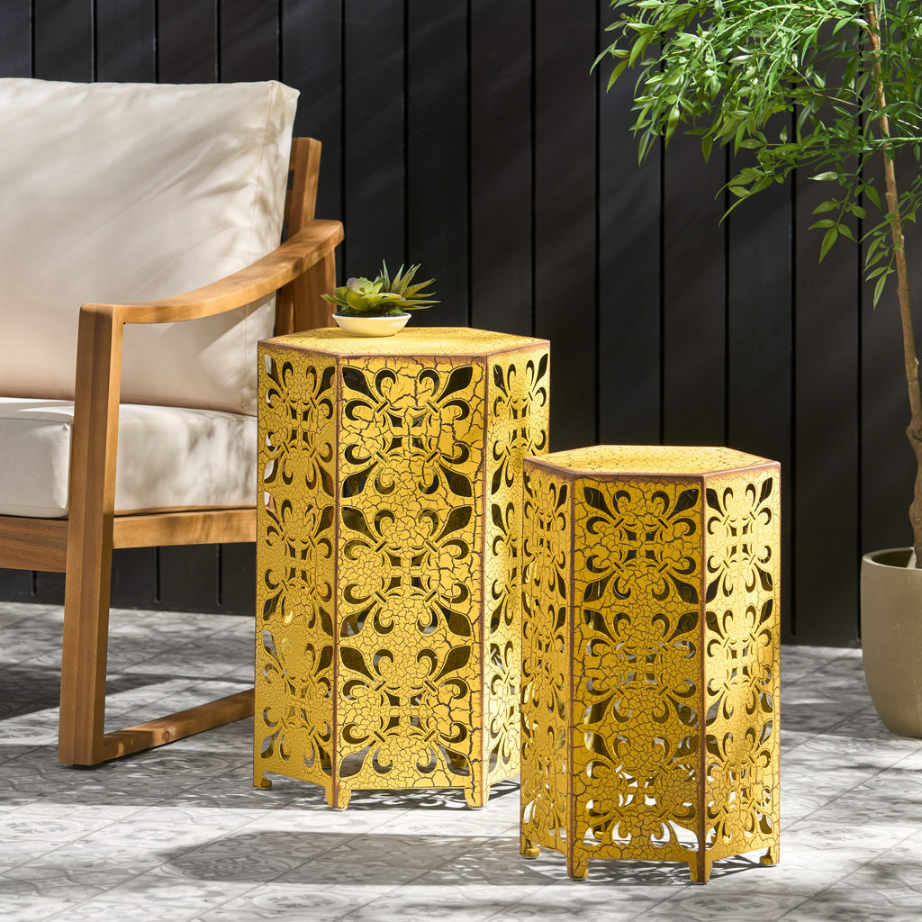 Outdoor Hexagonal Accent Table Set with Charming Fleur-de-lis Panel Sides, Antique Yellow