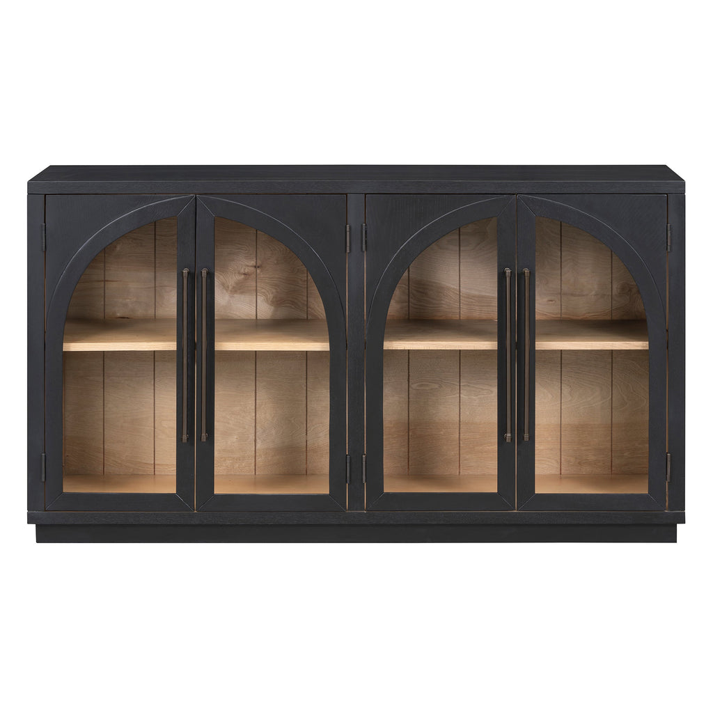 TREXM 4-Door Large Storage Sideboard Buffet Cabinet with Glass Doors, Arched Cabinet with Adjustable Shelves for Kitchen, Dining Room and Living Room (Black)