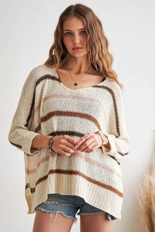 ADORA Full Size Multi Color Strip Sweater Plus Size