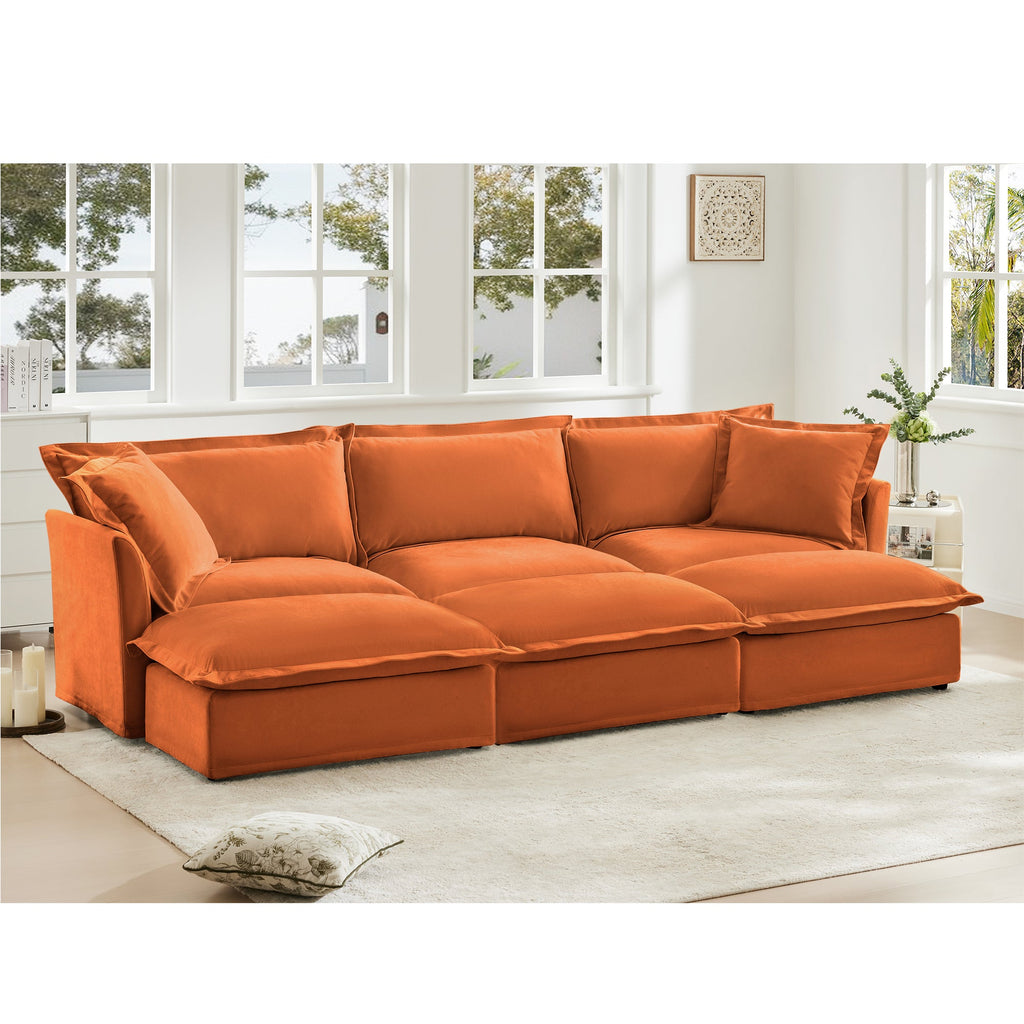 Living Room Sofa Slipcovered Sofa 3 Seater Sofa With 3 Ottomans, Oversized 3-Seat Sleeper Sofa Bed Home Theater Sofa, Chenille, orange