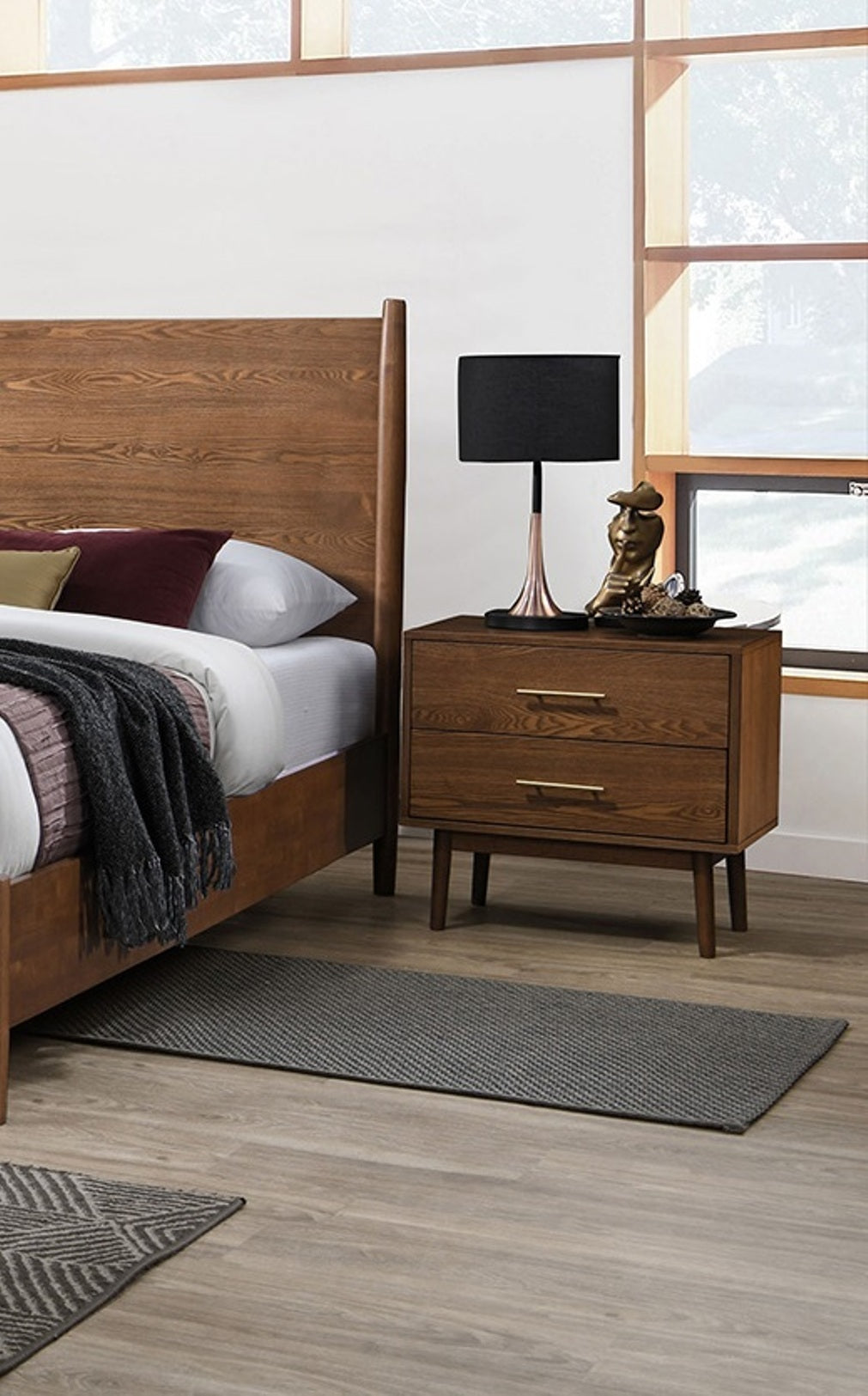 Walnut 1pc Nightstand Solid wood Bedside Table Nickle Bar Pulls 2-Drawers Round Tapered Legs Bedroom Modern Style