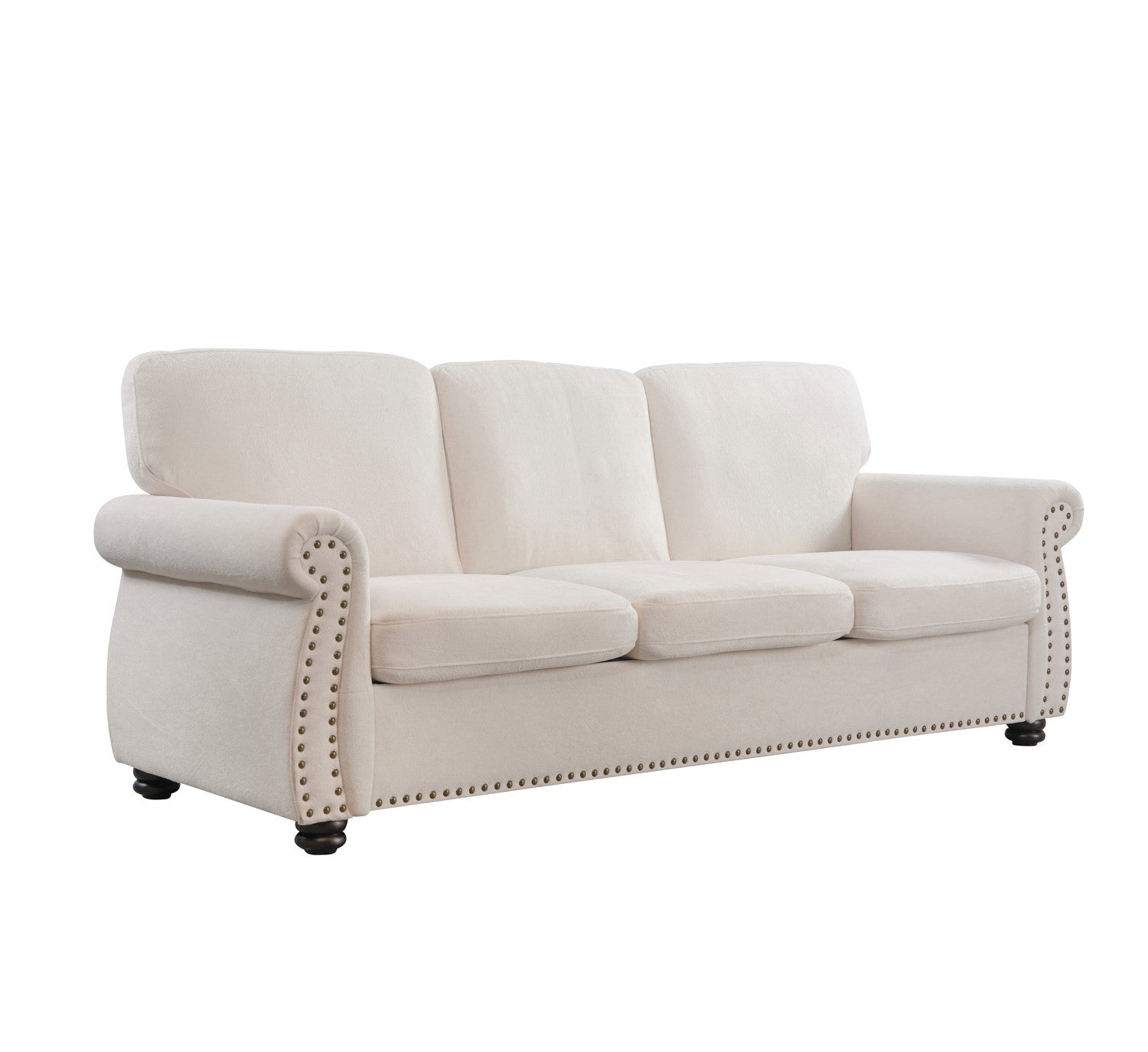 Soft Velvet Sofa, Upholstered 3 Seater Couch with High-Density Foam, Loose Back Cushions and Solid Wood Turned Legs, Chic Living Room Furniture for Home, Apartment and Office, Ivory