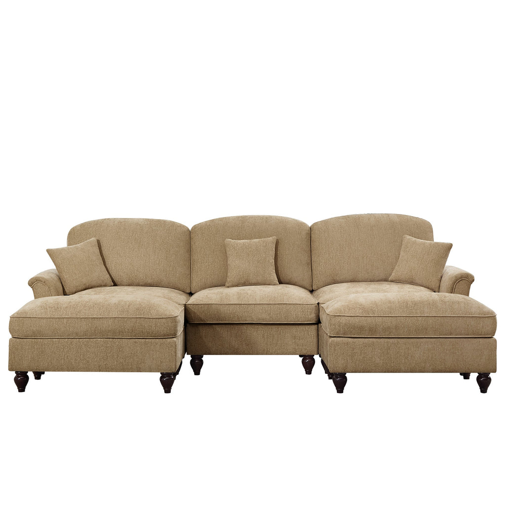 Classic Comfy Modular U Shape Sectional Sofa Couch with Flared Arms and Removable Ruffles Pleats Skirts and Spindle Legs, Upholstered Chenille Deep Seat Cloud Sofa with Movable Ottomans, Light Coffee