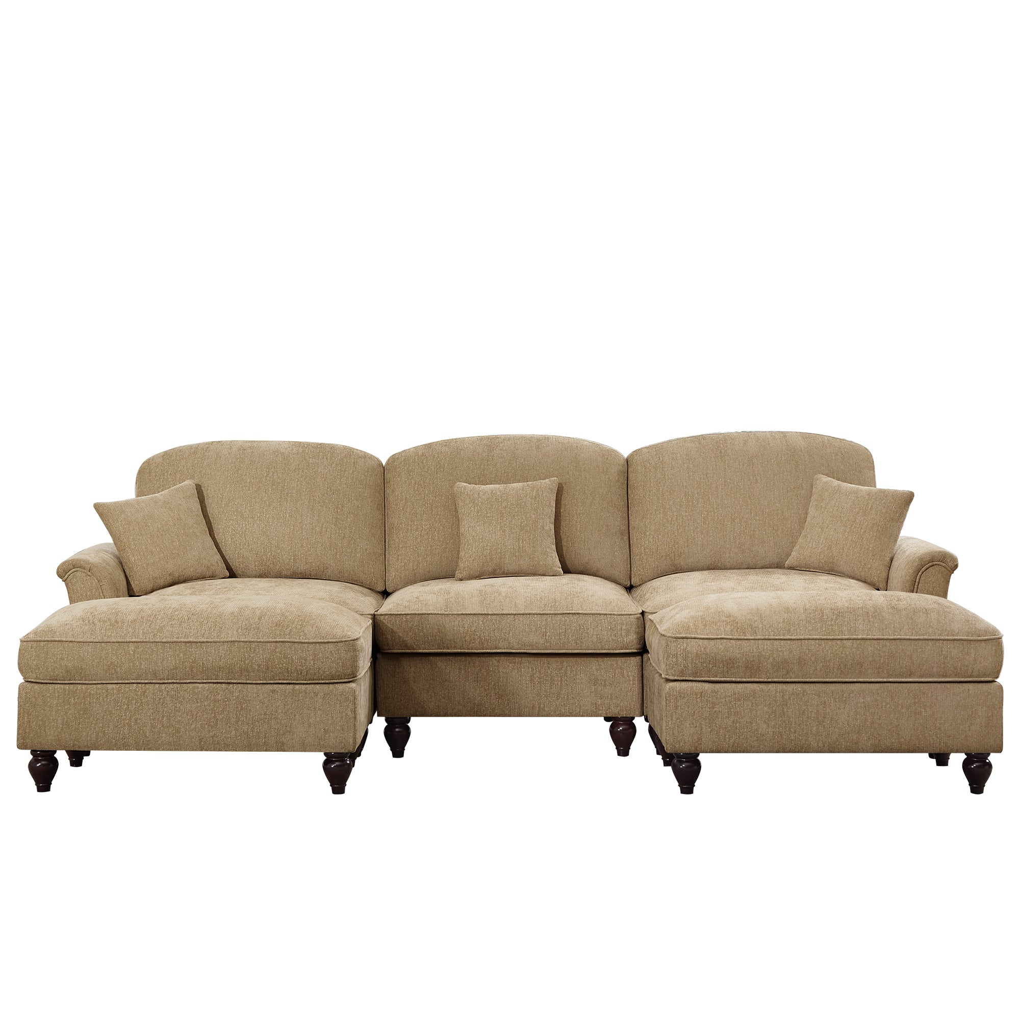 Classic Comfy Modular U Shape Sectional Sofa Couch with Flared Arms and Removable Ruffles Pleats Skirts and Spindle Legs, Upholstered Chenille Deep Seat Cloud Sofa with Movable Ottomans, Light Coffee