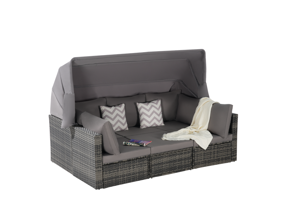 5 Pieces Outdoor Patio Wicker Daybed Furniture Set with Retractable Canopy, Storable Side Table, and Soft Cushions for Relaxing in Your Backyard or Porch