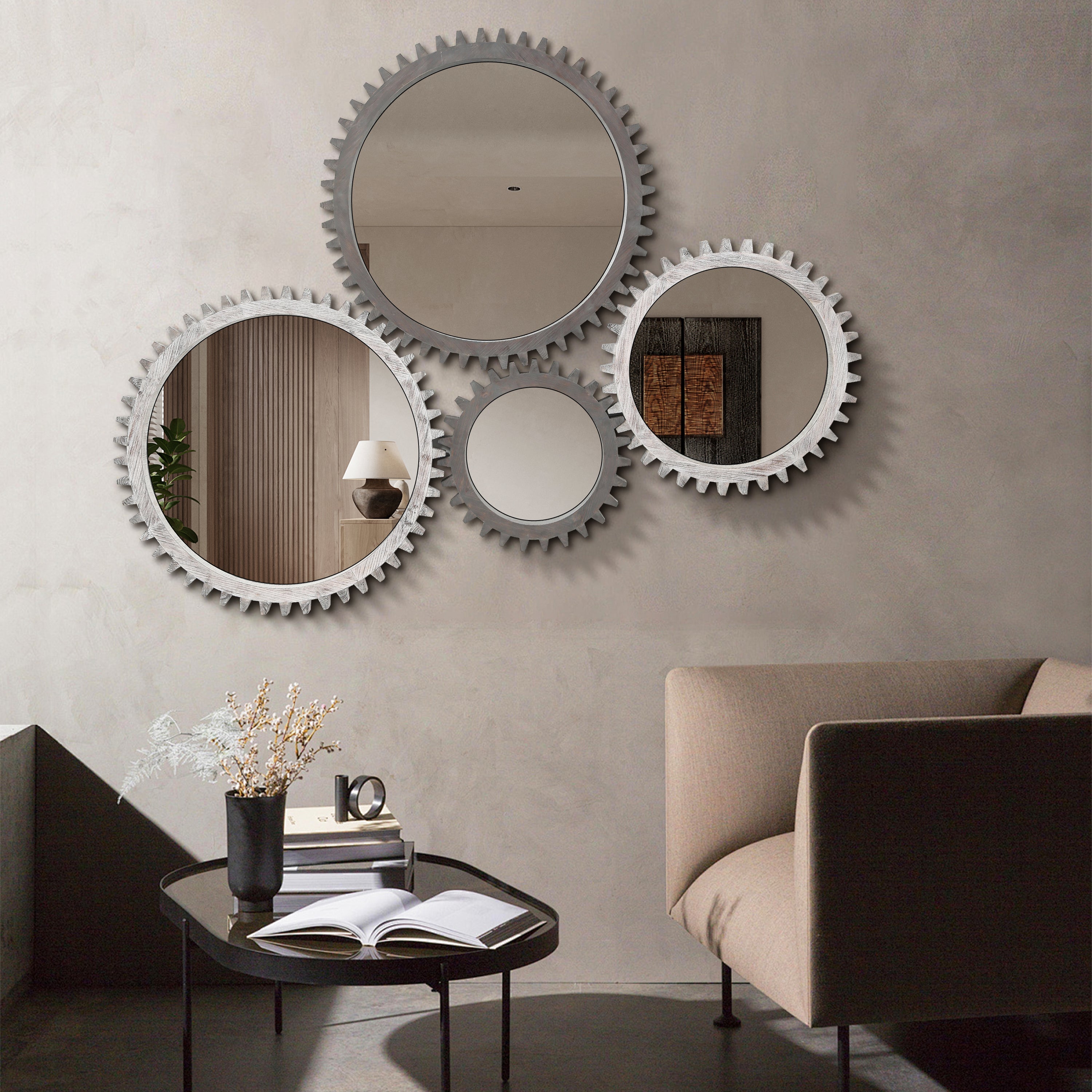 Vintage 26'' x 26'' Wall Wood Round Hanging Gear Shape Heavy Decorative Mirror For Bathroom Living Room Entryway Or Put Together To Your Liking(Antique Dark Brown)