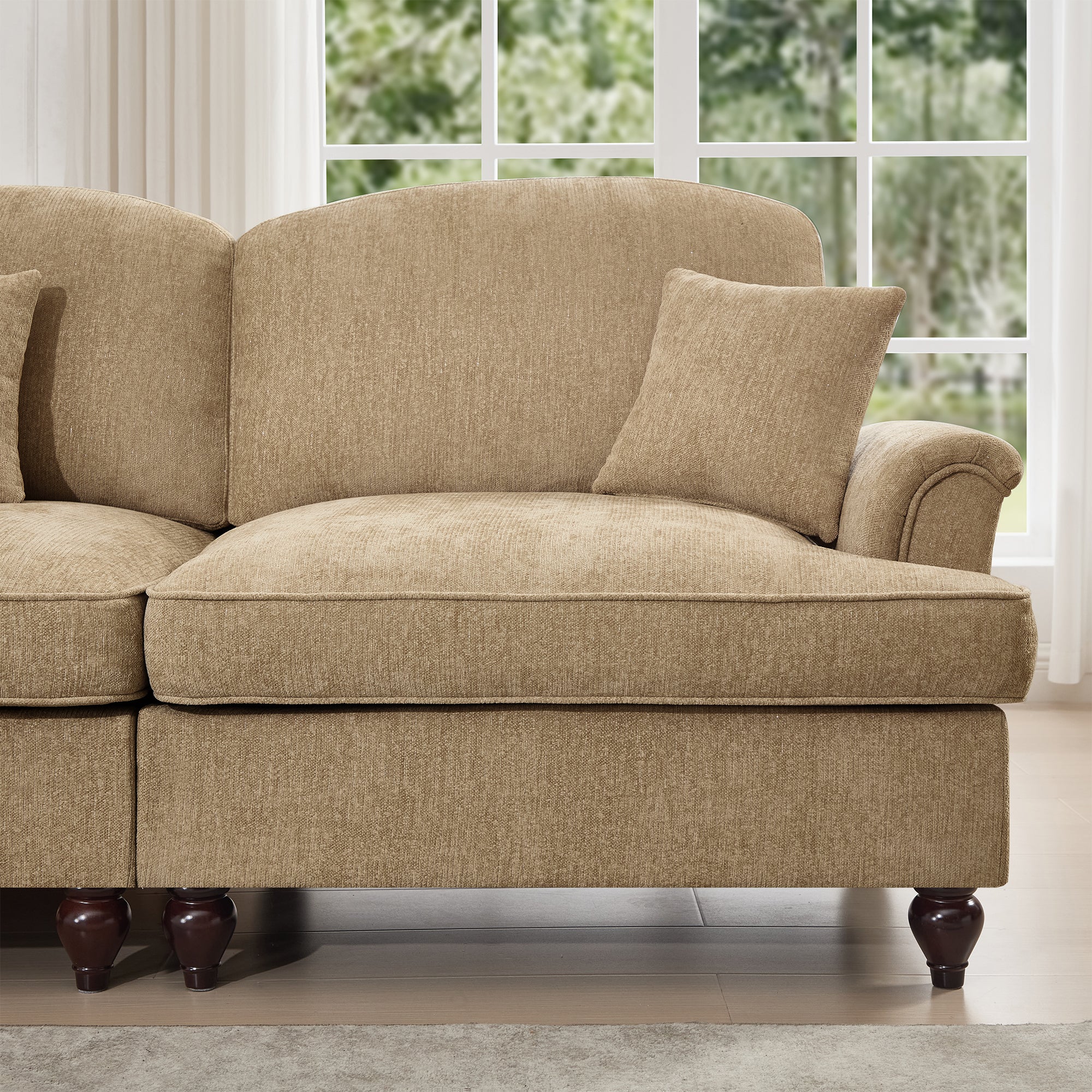 Classic Comfy Modular U Shape Sectional Sofa Couch with Flared Arms and Removable Ruffles Pleats Skirts and Spindle Legs, Upholstered Chenille Deep Seat Cloud Sofa with Movable Ottomans, Light Coffee
