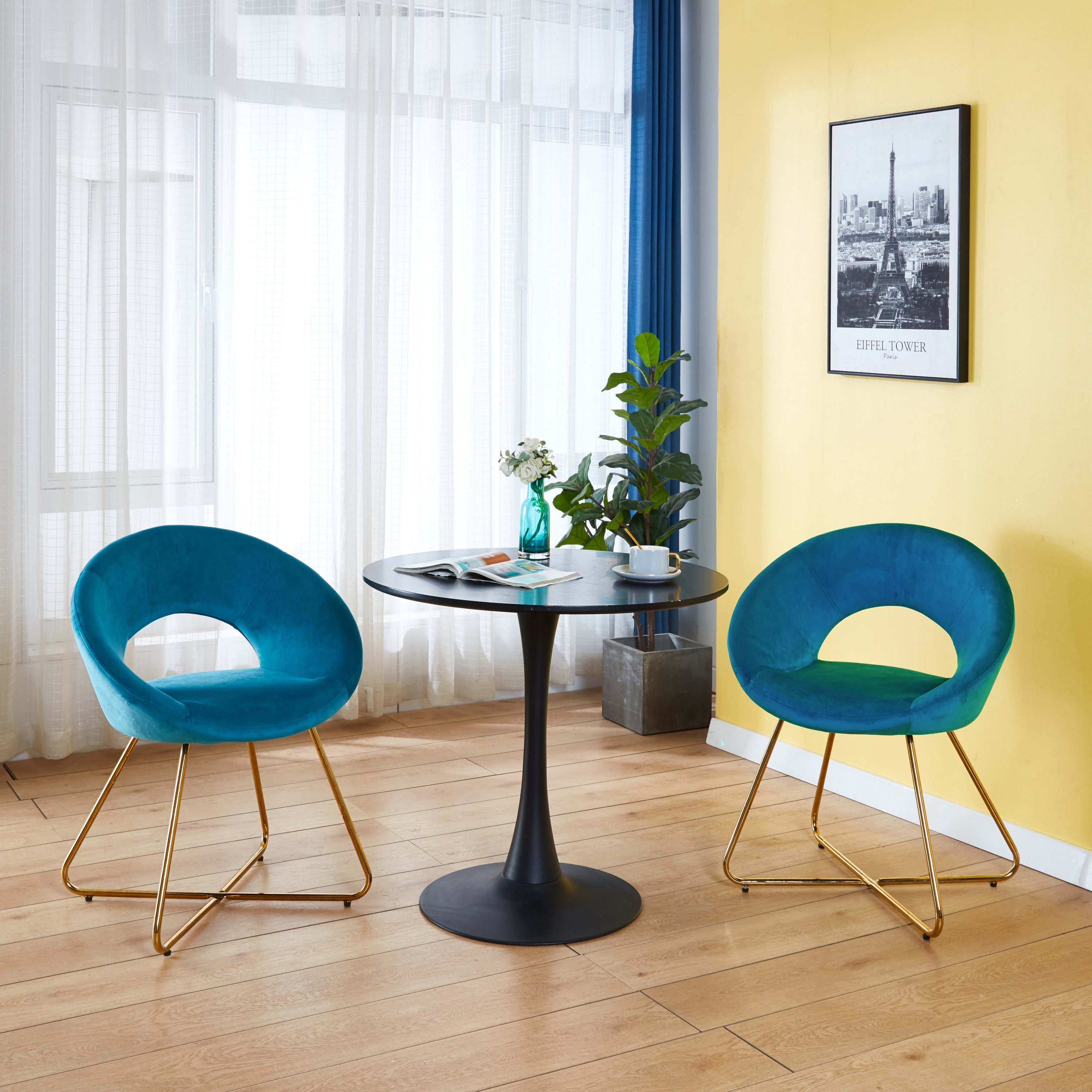 Modern Accent Velvet Chairs Set of 2 Dining Chairs Single Sofa Comfy Upholstered Arm Chair Living Room Furniture Mid-Century Leisure Lounge Chairs with Golden Metal Frame Legs