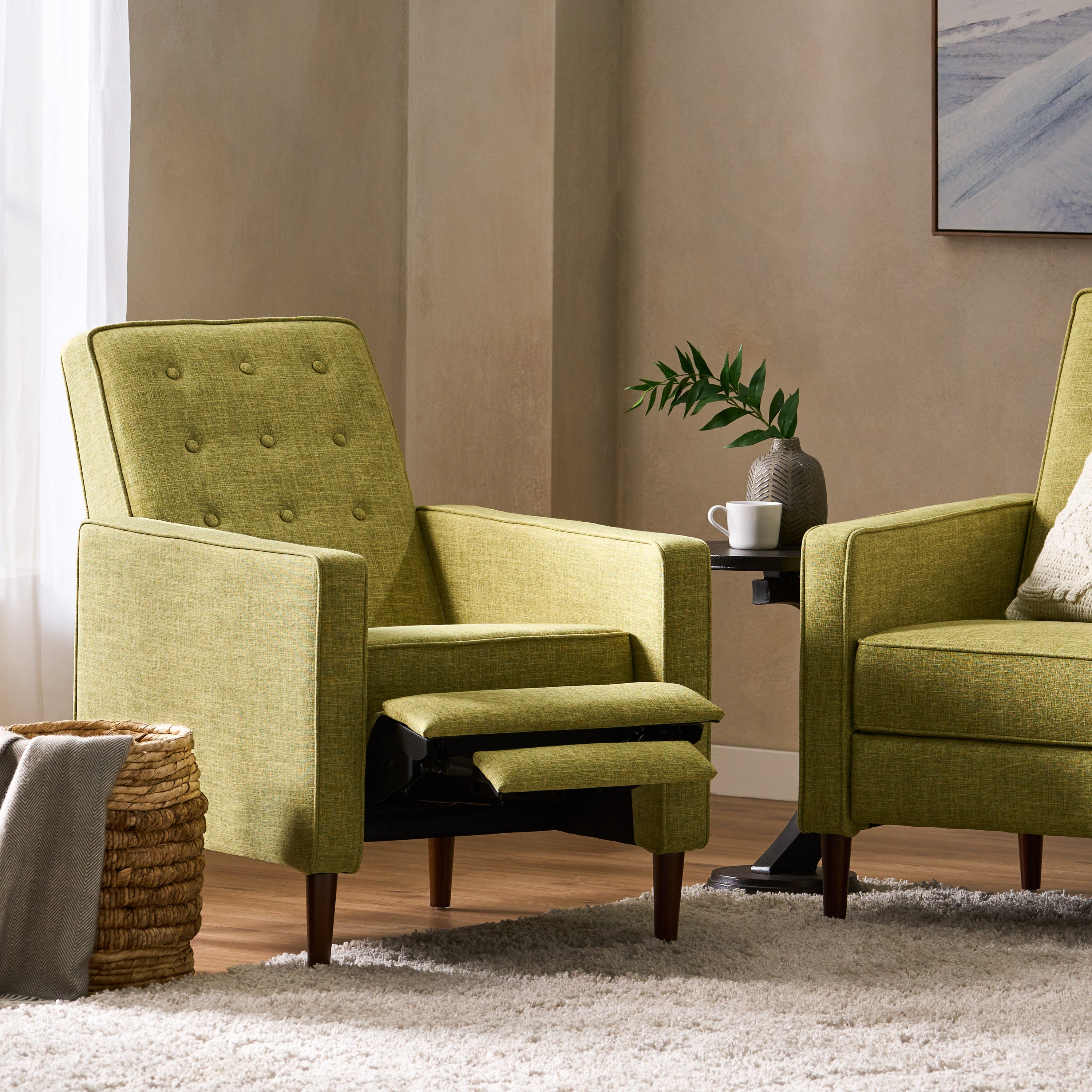 Macedonia Mid-Century Modern Button Tufted Fabric Recliner