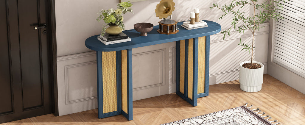 TREXM Farmhouse Rattan Console Table Entryway Table, Narrow Console Table with Storage, Hallway Table for Living Room, Entrance (Navy)