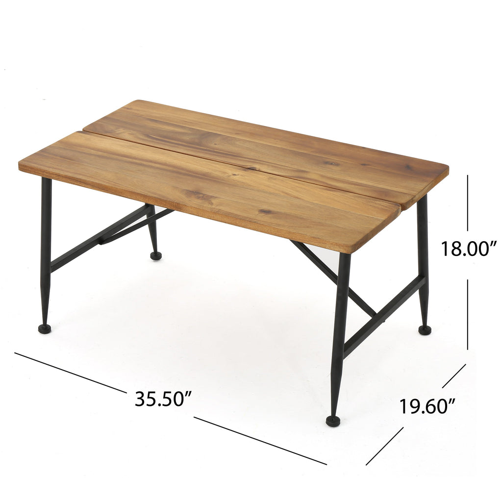 Rectangle Outdoor Coffee Table with Angled Tubular Legs and Wood Top, Black