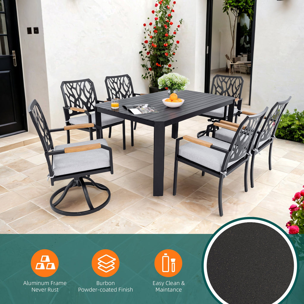 7-PC Outdoor Patio Aluminum Furniture Set, with 4 Dining Chairs & 2 Swivel Rockers Sunbrella Fabric Cushioned, Nature-Inspired Branch-Like Backrest, Rectangular Table with Umbrella Hole,Bourbon Brown