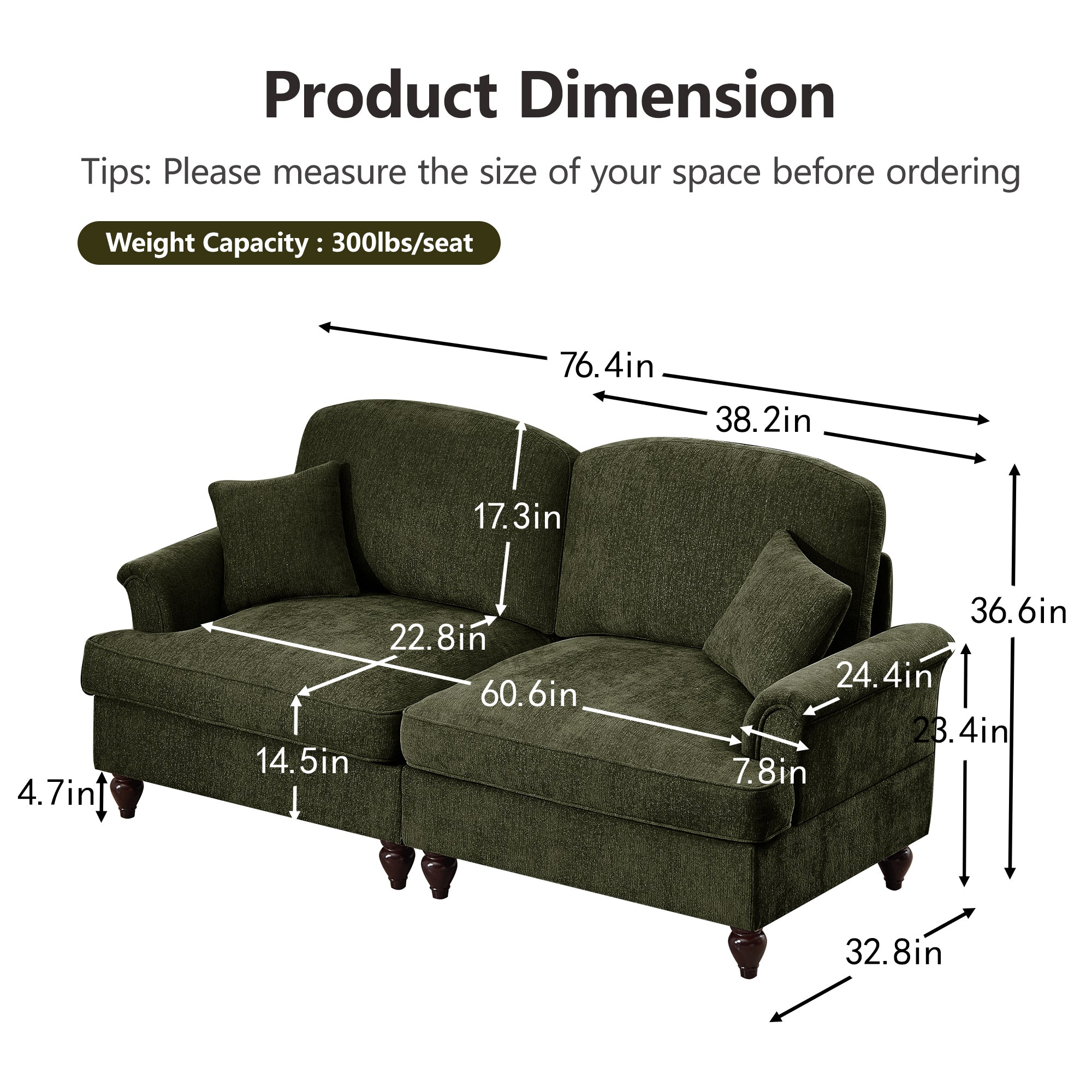 Classic 2 Piece Modular Couch Living Room Sofa Set with Flared Arms and Removable Ruffles Pleats Skirts and Spindle Legs, 3 Seater Sofa + 2-Seat Loveseat Sofa Sets for Living Room,Green