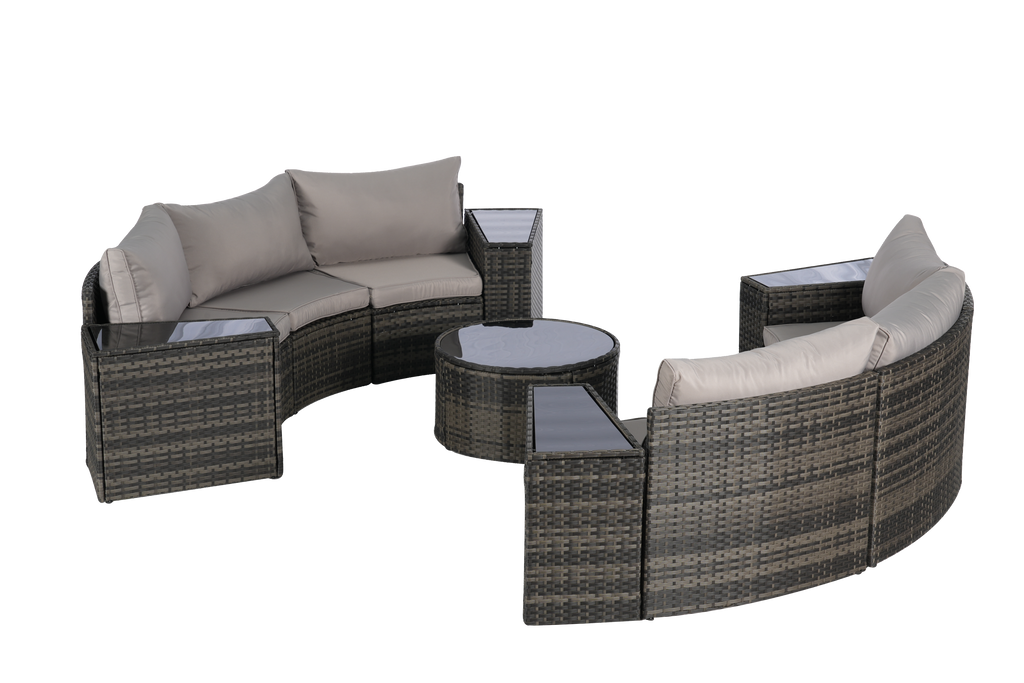 Outdoor Patio Furniture 11-Piece Half-Moon Sectional Round Patio Furniture Set Sofa with Tempered Glass Round Coffee Table