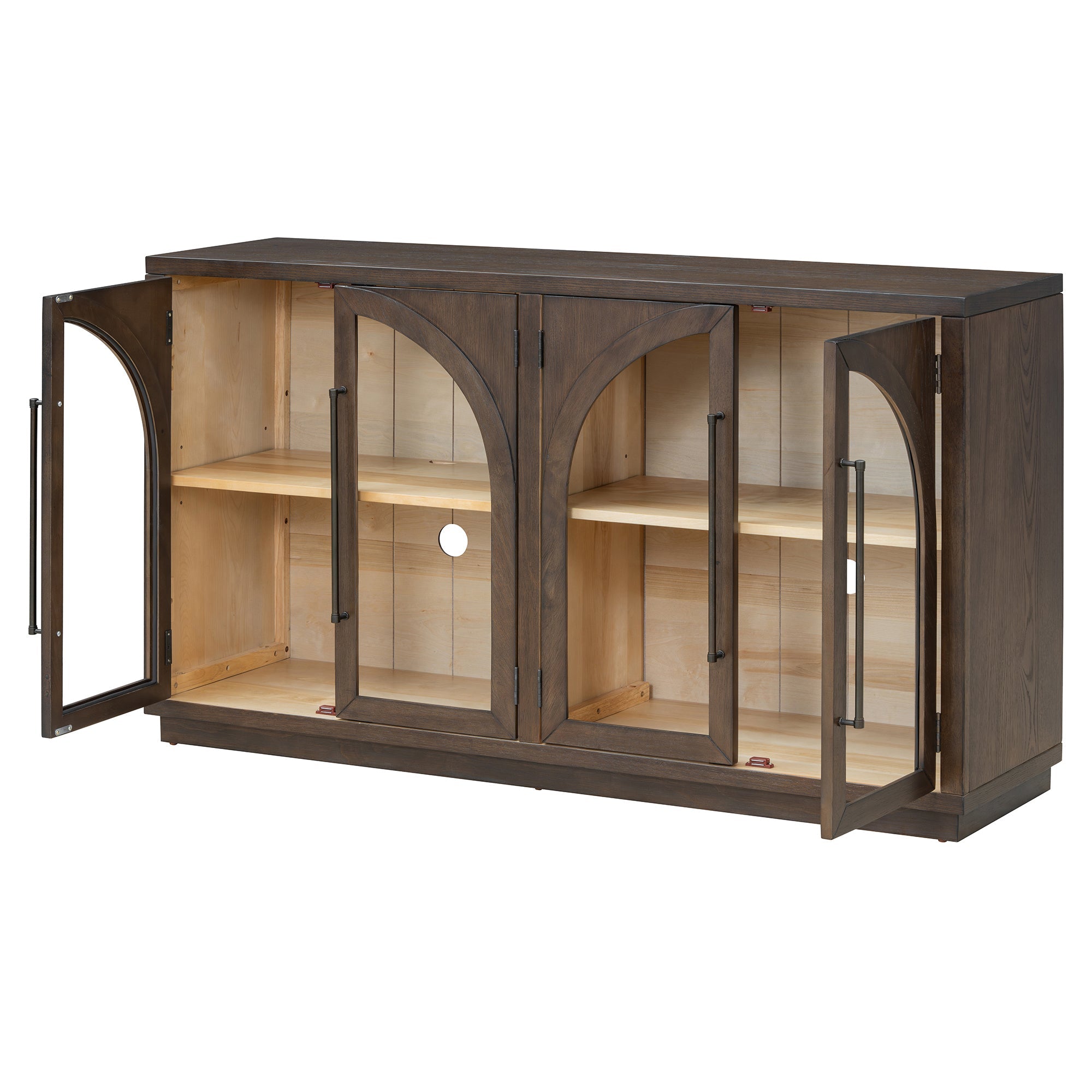 TREXM 4-Door Large Storage Sideboard Buffet Cabinet with Glass Doors, Arched Cabinet with Adjustable Shelves for Kitchen, Dining Room and Living Room (Espresso)