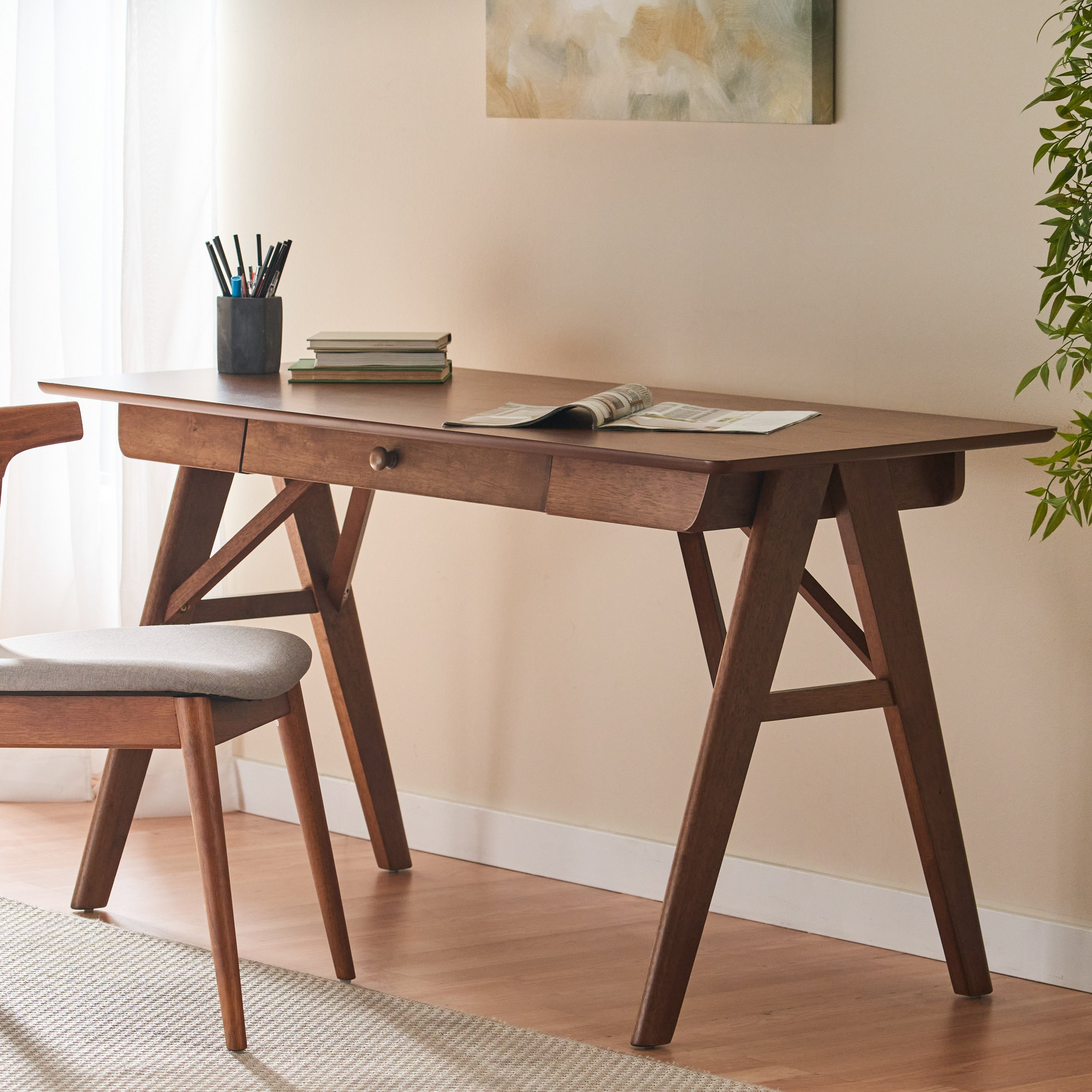 Wood Desk with Drawers, Small Computer Desk for Small Spaces, Gaming Study Home Office Desks for Work, Student PC Desk for Bedroom, Escritorios para Cuartos (Walnut Color, 57 inch)