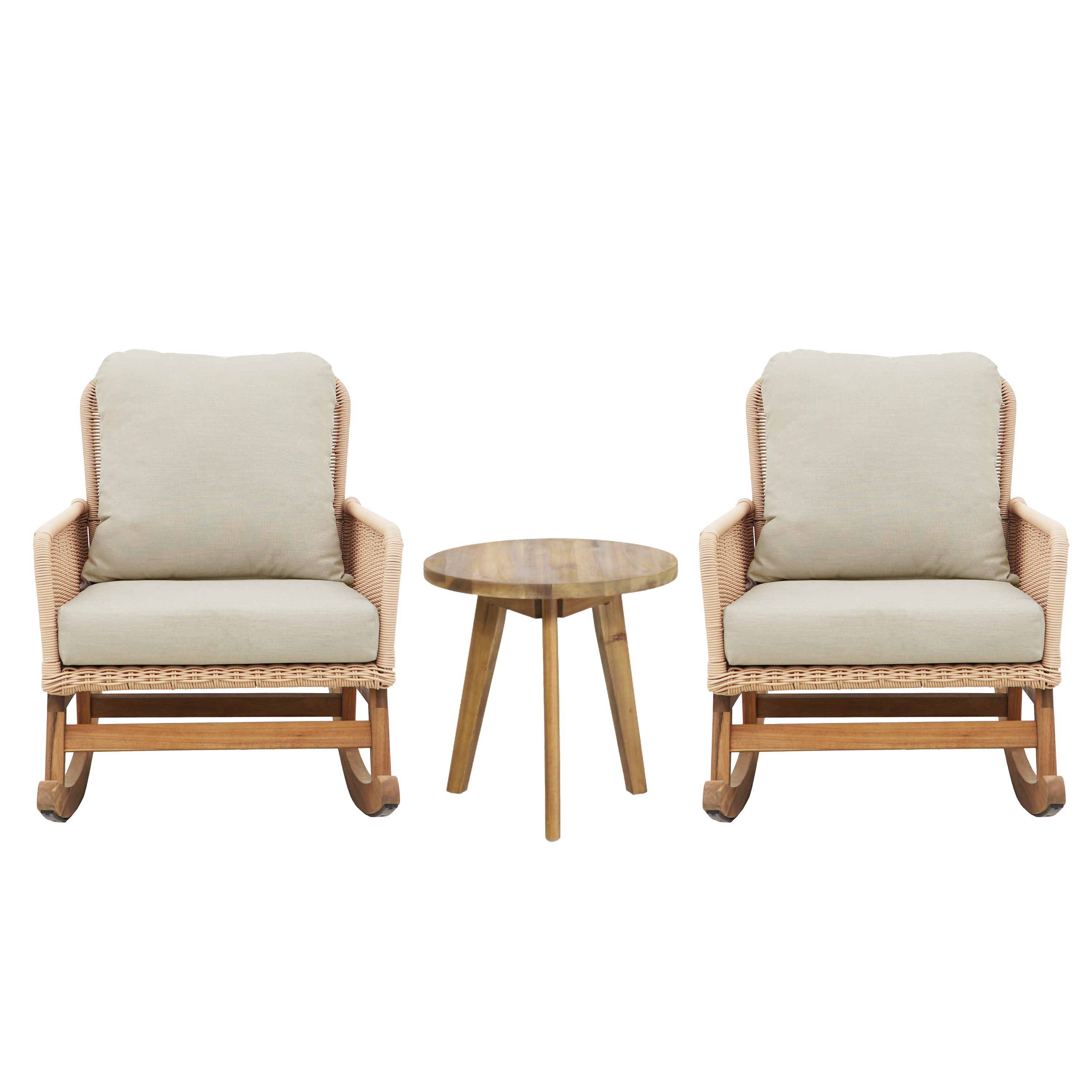 Modern 3-Piece Outdoor Seating Set with Beige Cushioned PE Rattan Rocking Chairs and Wooden Accent Table, Perfect for Patio or Balcony Relaxation