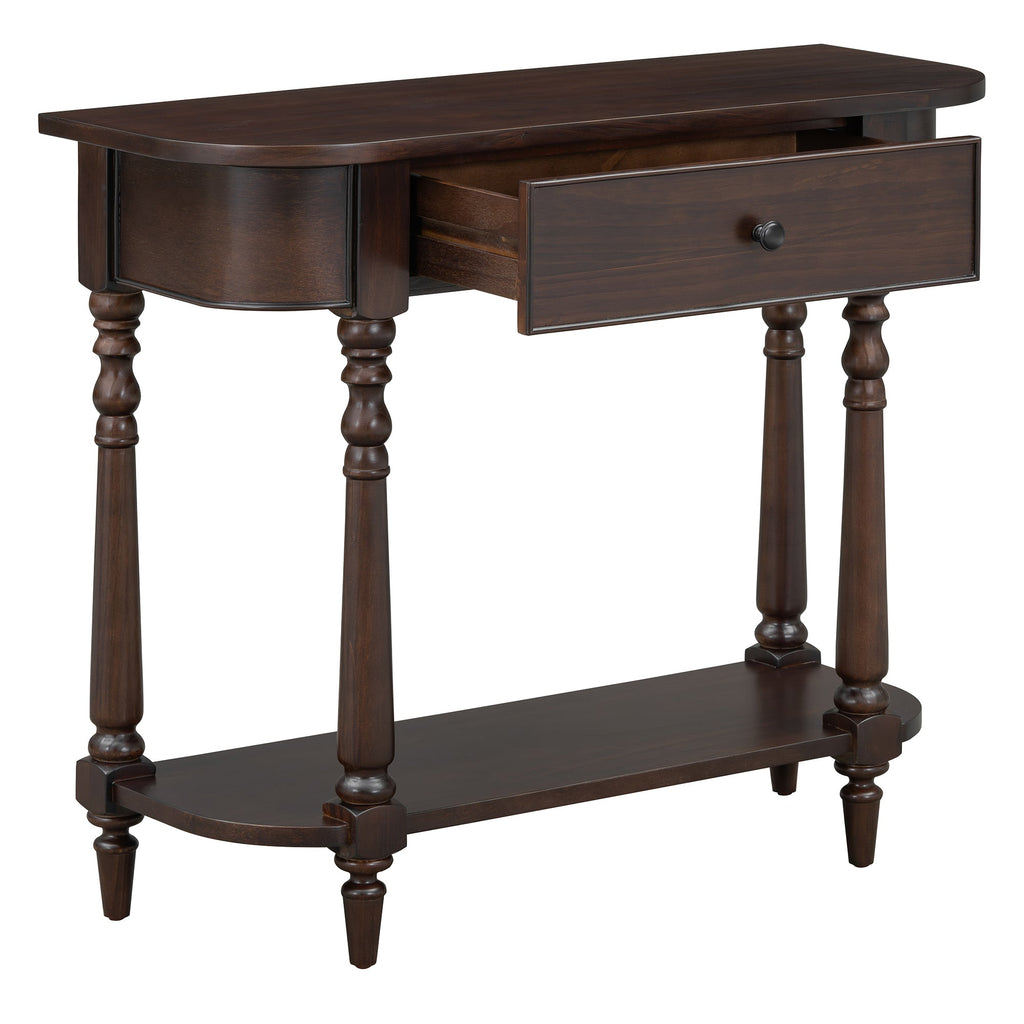 TREXM Narrow Console Table with Curved Corner, Retro Entryway Table with Top Drawer and Open Shelf, Sofa Table Console Tables for Entryway, Hallway and Living Room (Espresso)