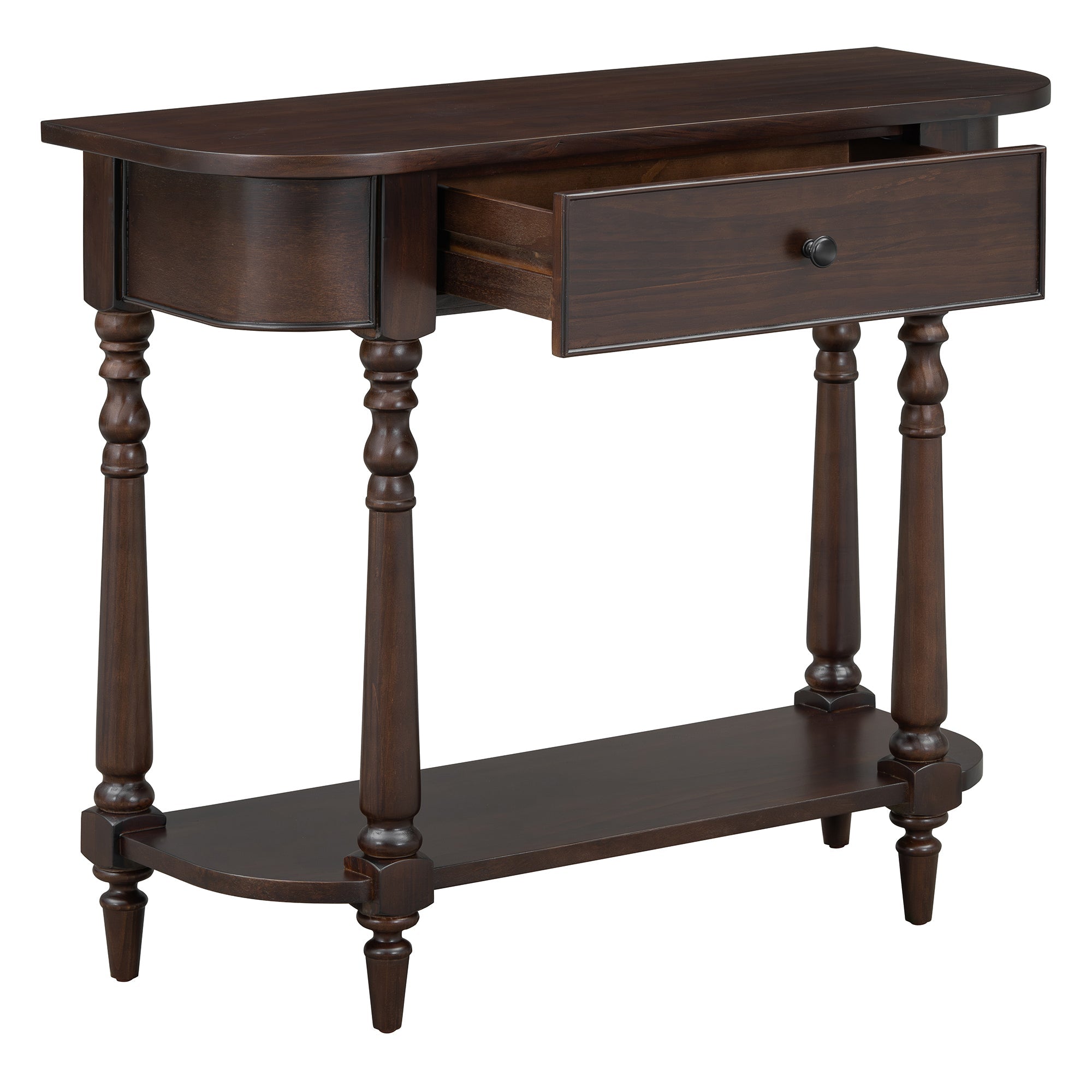 TREXM Narrow Console Table with Curved Corner, Retro Entryway Table with Top Drawer and Open Shelf, Sofa Table Console Tables for Entryway, Hallway and Living Room (Espresso)