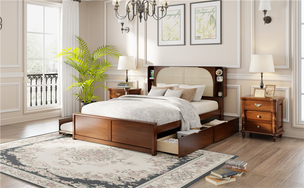 Queen Size Rattan Headboard Bed with Two Drawers and Trundle, Walnut