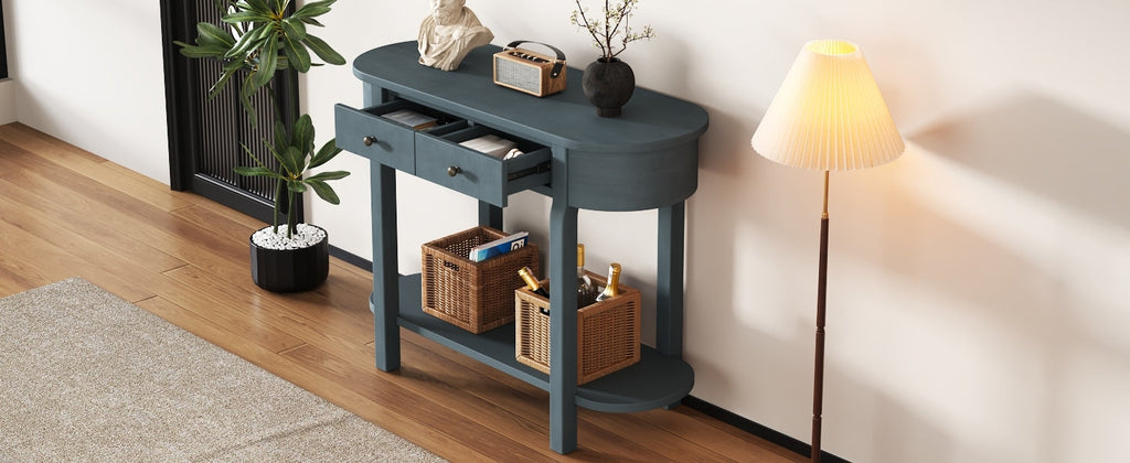 TREXM Elegant Retro Console Table with Curved Design and Smooth Glaze for Entryways, Living Rooms and hallways (Navy)