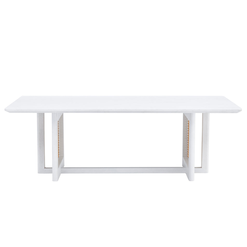 Chinese style white solid wood and imitation rattan coffee table, rectangular solid wood coffee low table, small living room coffee table
