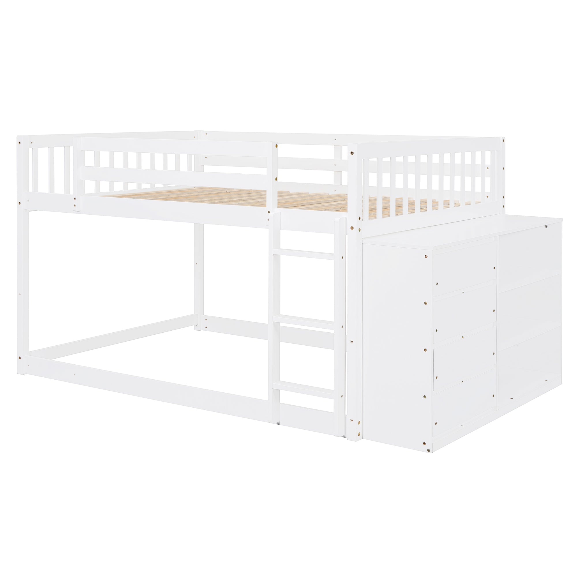 Elegant White Full Over Full Bunk Bed with Storage and Shelves - Solid Wood and Durable Design