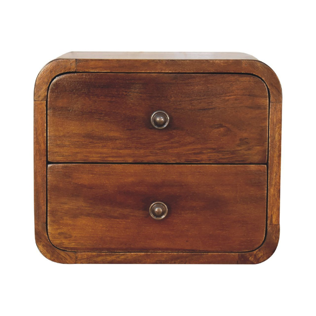 Solid Wood Floating Mini Chestnut nightstand, 2-Drawers, Shiny Knobs