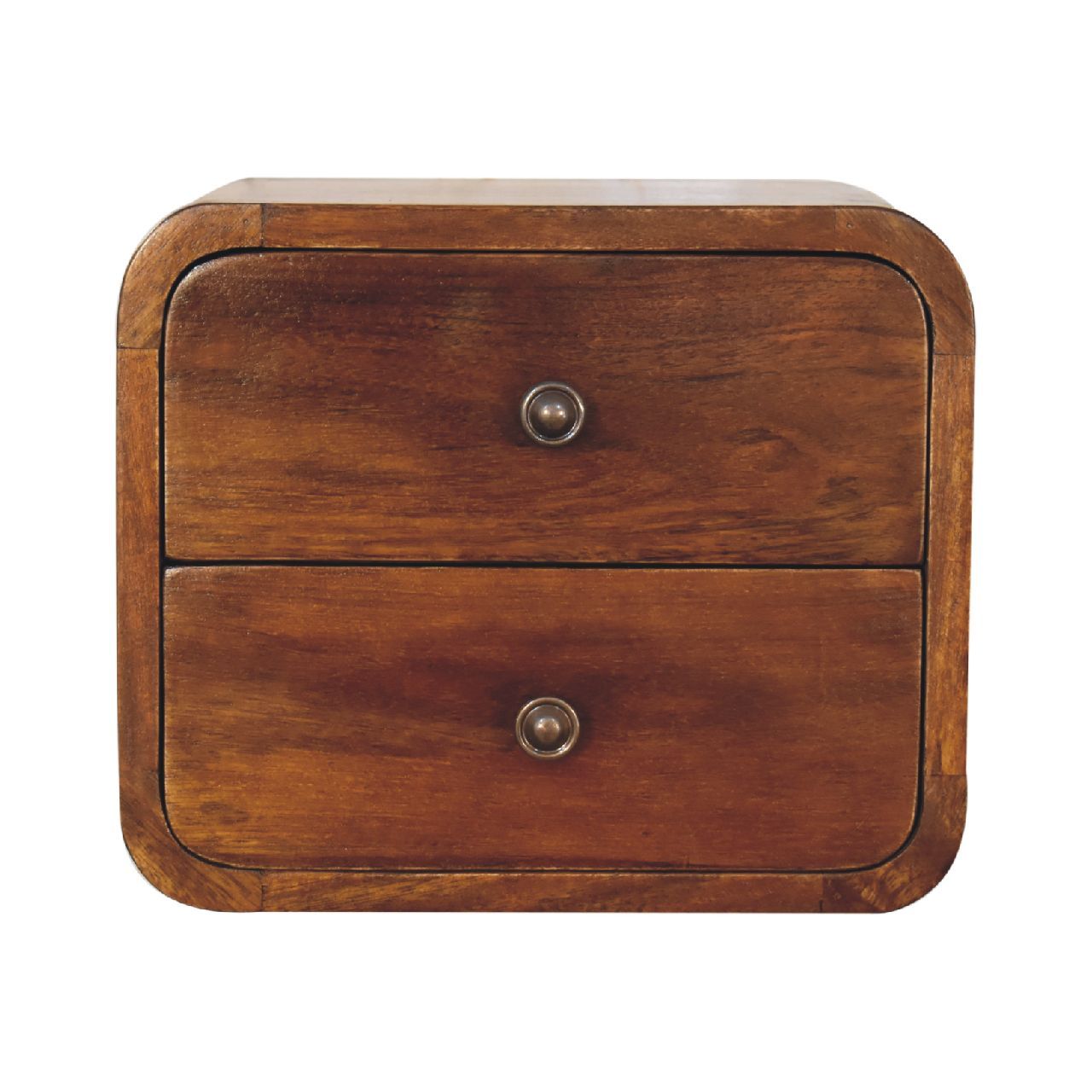 Solid Wood Floating Mini Chestnut nightstand, 2-Drawers, Shiny Knobs