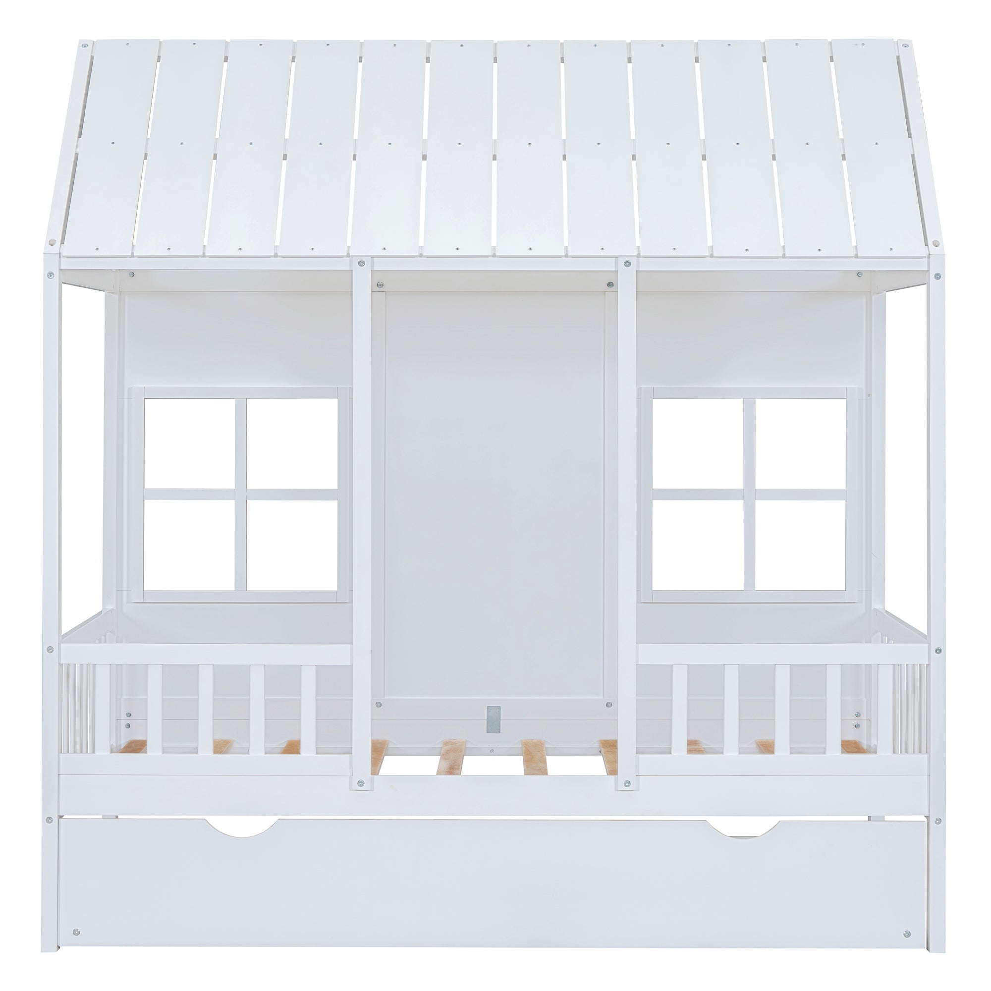 Twin Size Wood House Bed With Twin Size Trundle, Wooden Daybed, White
