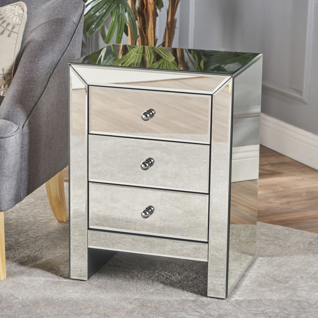 17.70'' Mirrored Nightstand, Silver Glass Nightstand With 3 Drawers, Small Bed Side Tables, Mirrored End Table, Bedside Accent Table Dresser Furniture For Bedroom, Living Room, Office