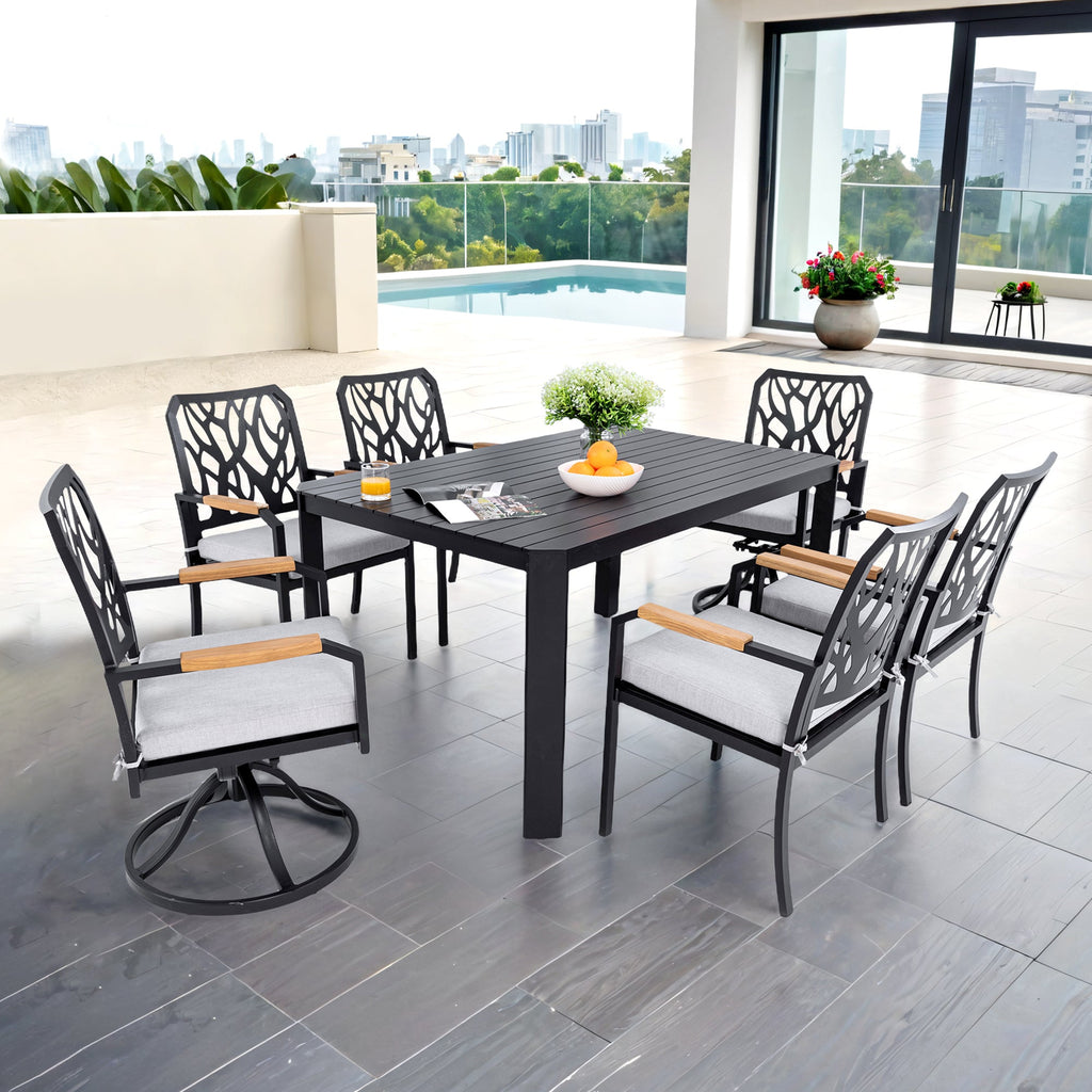 7-PC Outdoor Patio Aluminum Furniture Set, with 4 Dining Chairs & 2 Swivel Rockers Sunbrella Fabric Cushioned, Nature-Inspired Branch-Like Backrest, Rectangular Table with Umbrella Hole,Bourbon Brown
