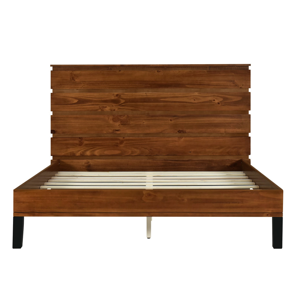 Mid-Century Modern Solid Wood Bed Frame Full Size Platform Bed with Six-Piece Headboard Design, No Box Spring Needed, Brown